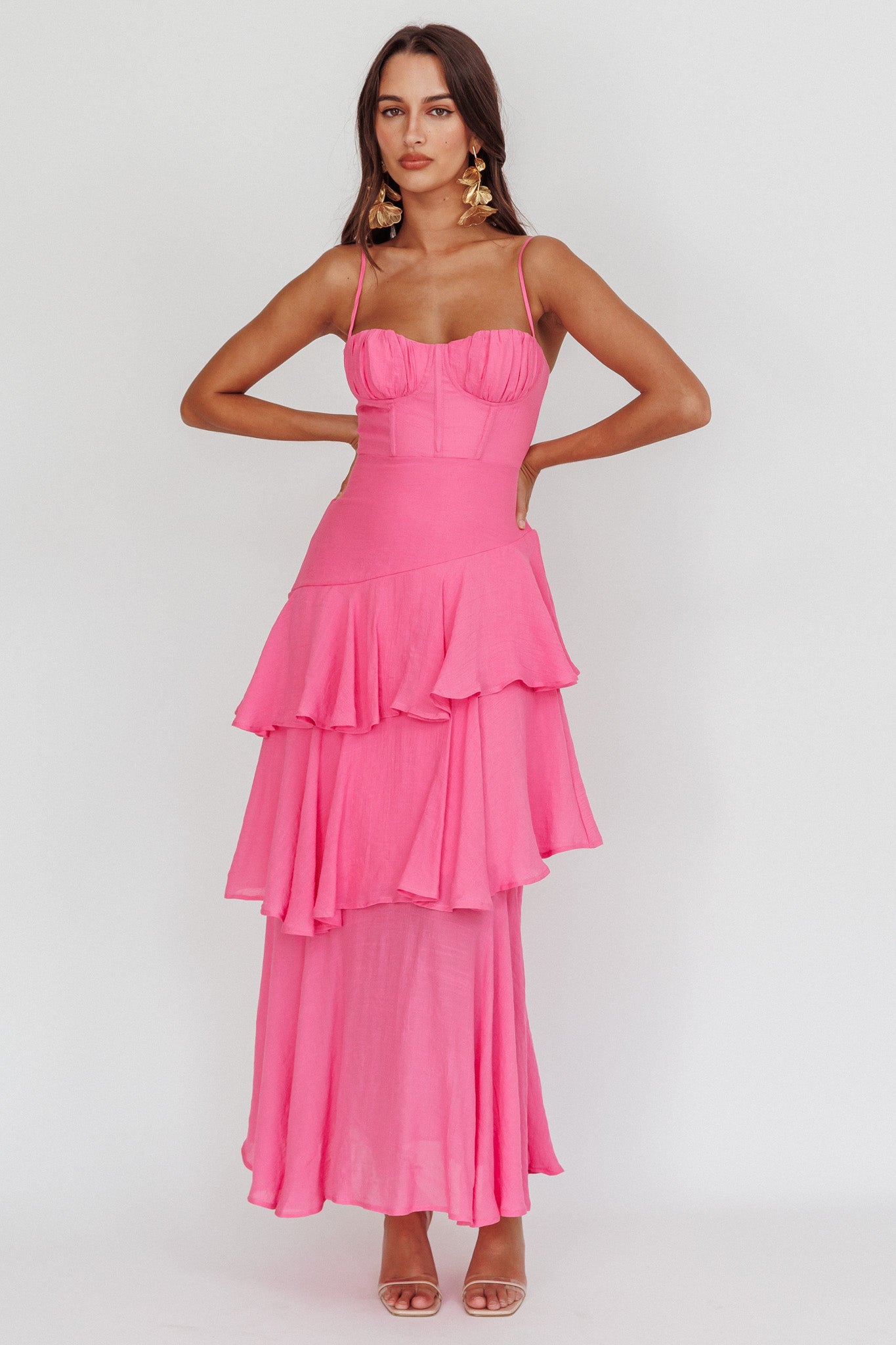 Madrid Summer Tiered Ruffle Maxi Dress Pink-Maymioy