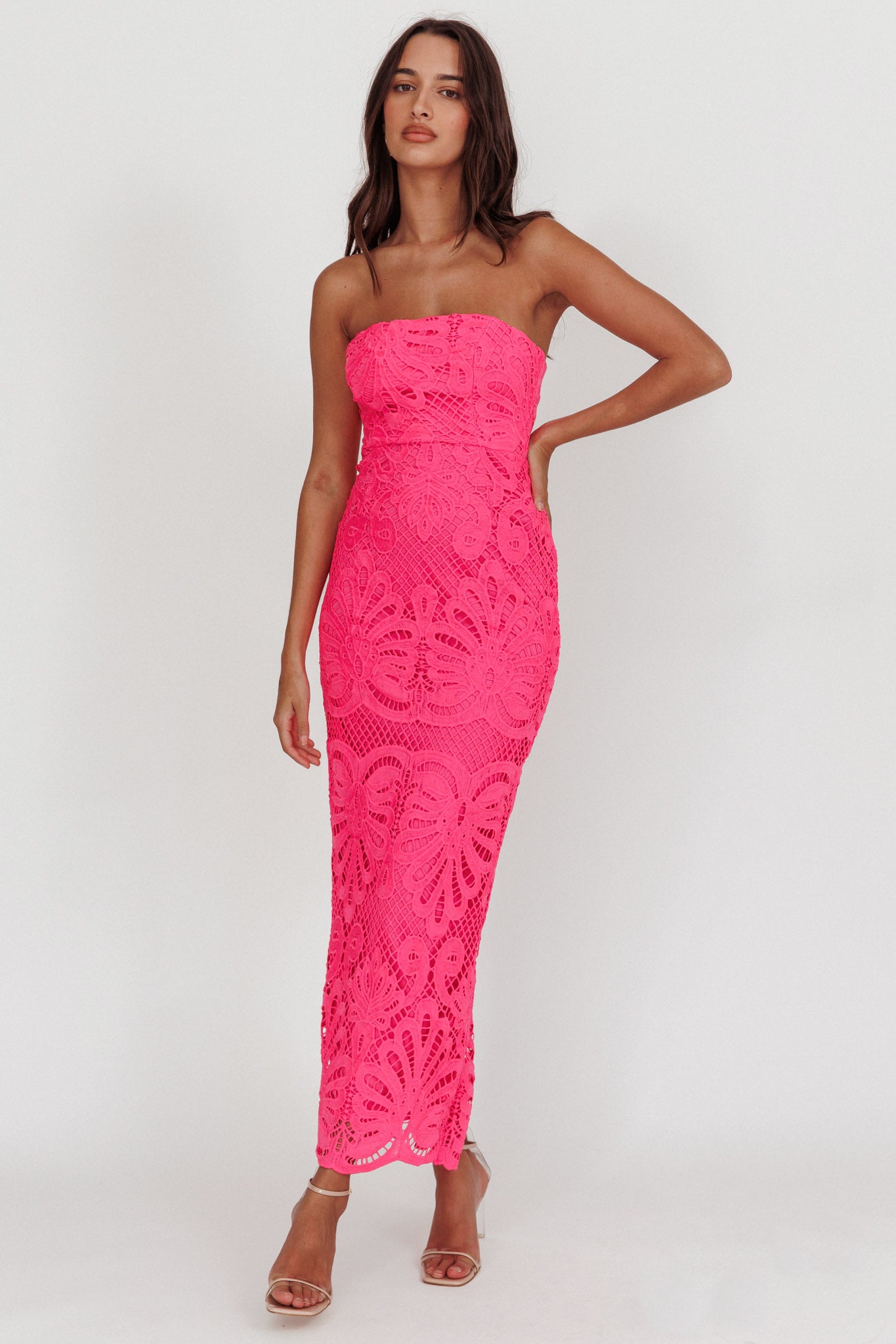 Bia Strapless Lace Embroidered Maxi Dress Hot Pink-Maymioy