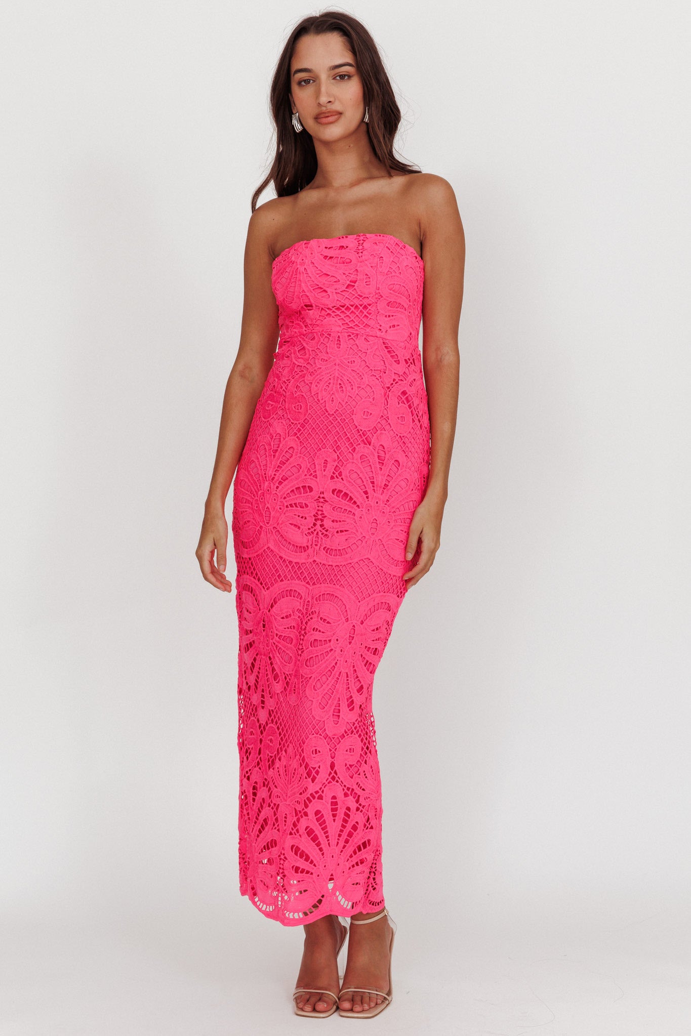 Bia Strapless Lace Embroidered Maxi Dress Hot Pink-Maymioy