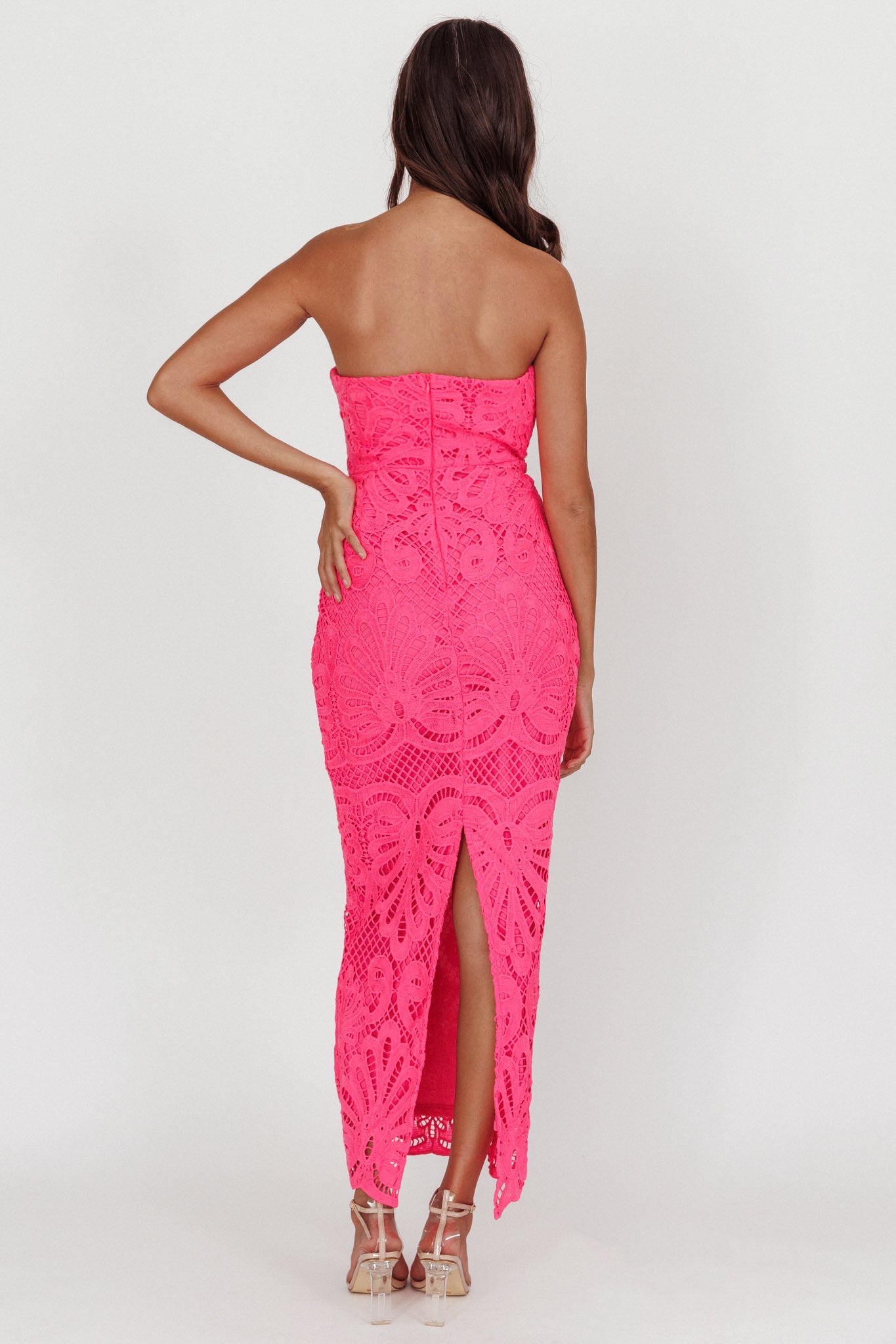 Bia Strapless Lace Embroidered Maxi Dress Hot Pink-Maymioy