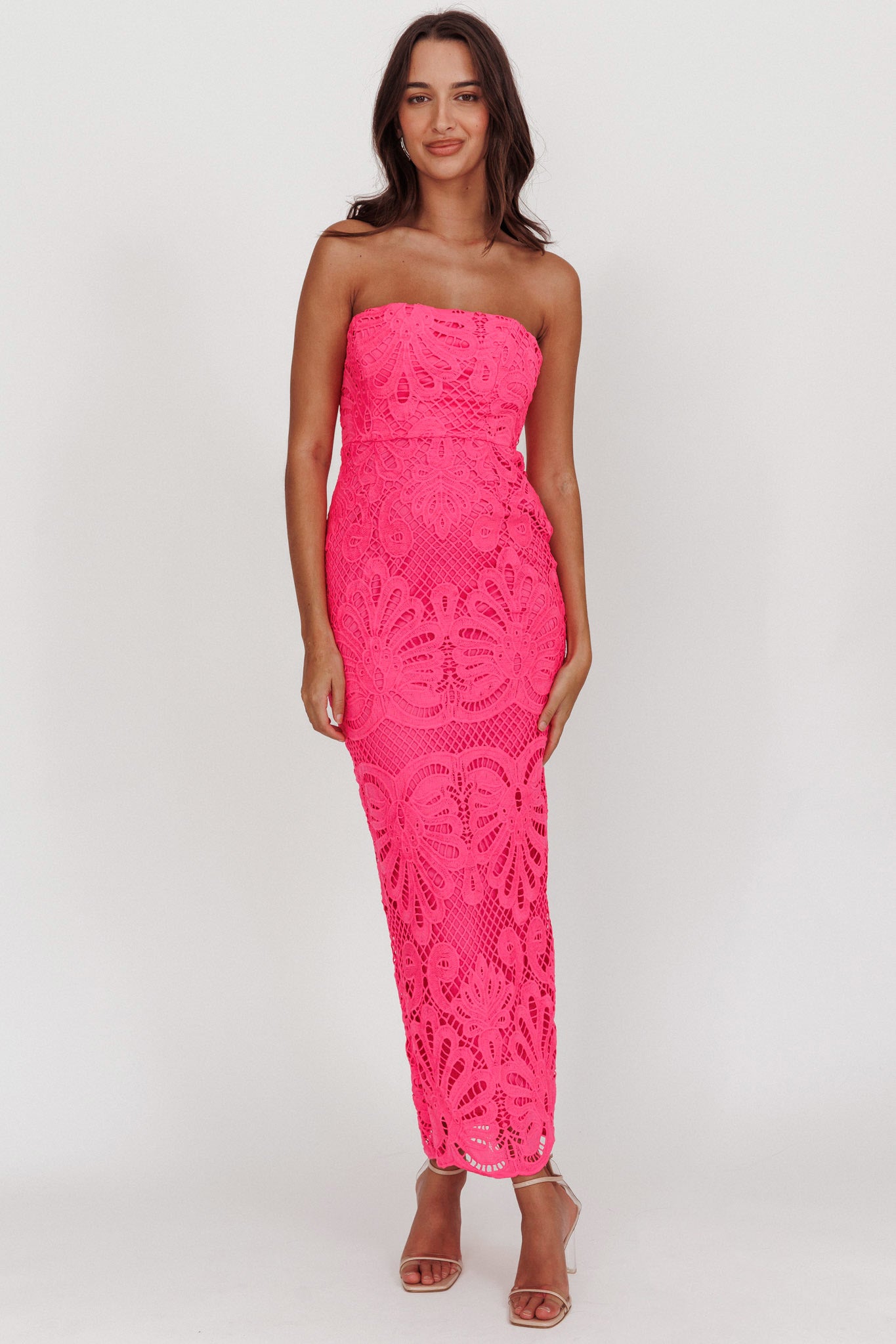 Bia Strapless Lace Embroidered Maxi Dress Hot Pink-Maymioy