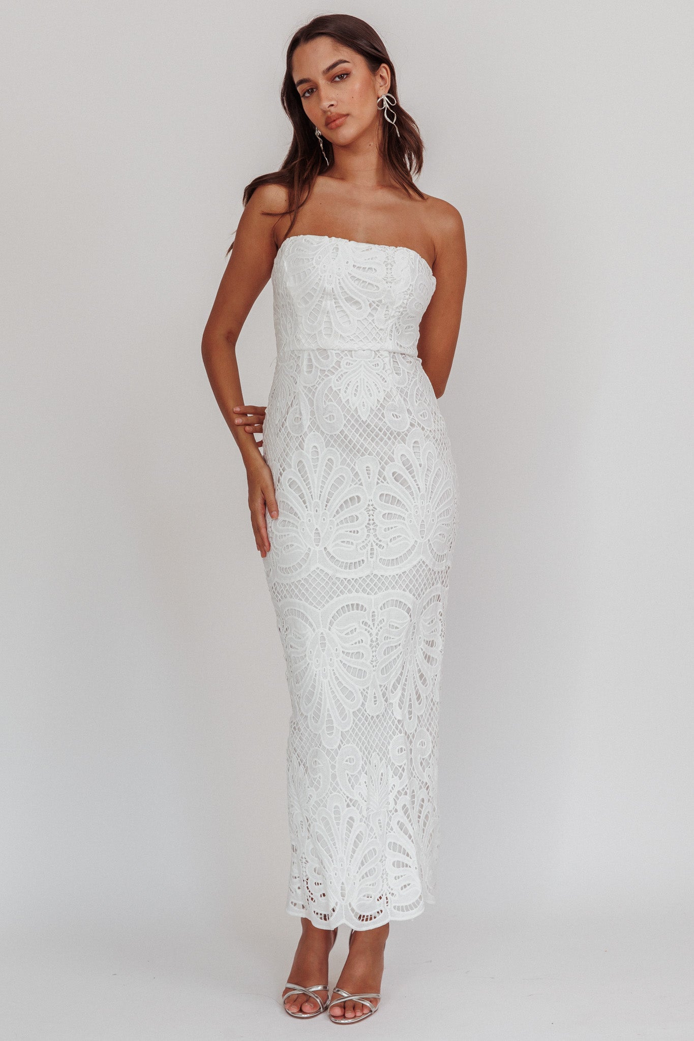 Bia Strapless Lace Embroidered Maxi Dress White-Maymioy
