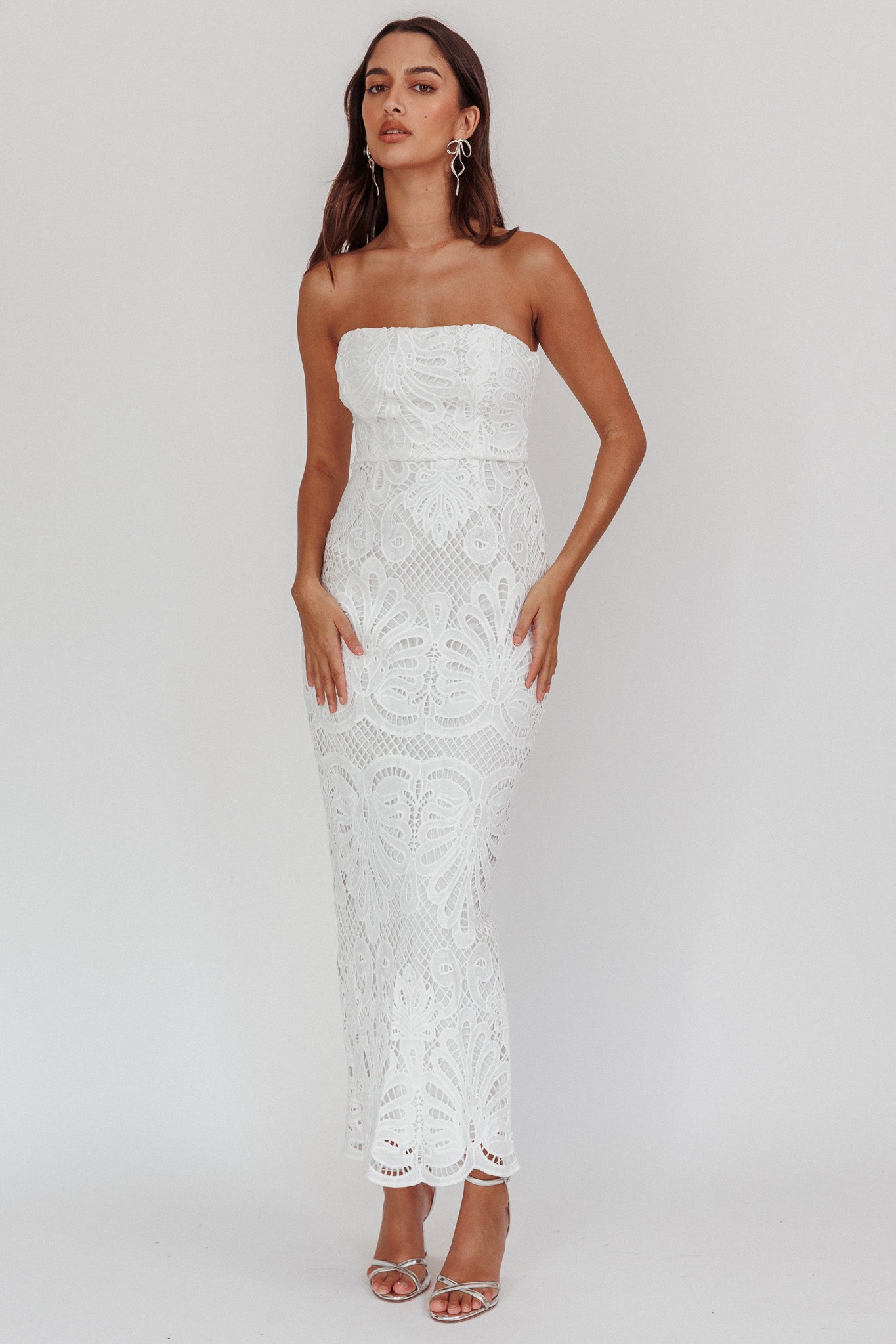 Bia Strapless Lace Embroidered Maxi Dress White-Maymioy