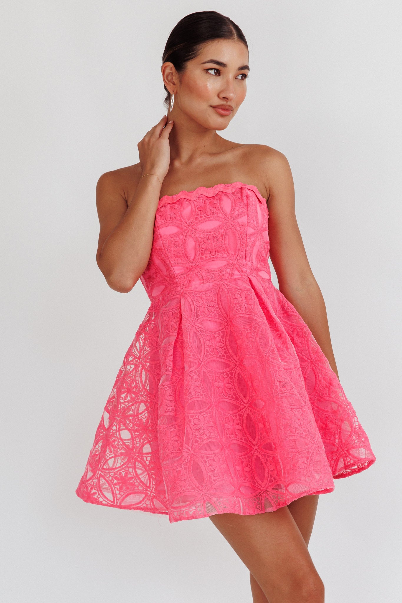 Kesenia Strapless Embroidered Mini Dress Hot Pink-Maymioy