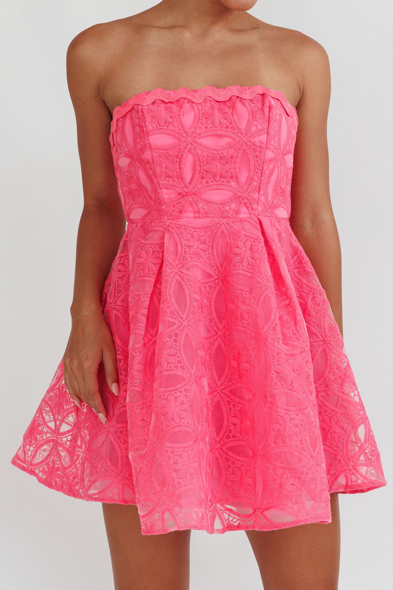 Kesenia Strapless Embroidered Mini Dress Hot Pink-Maymioy