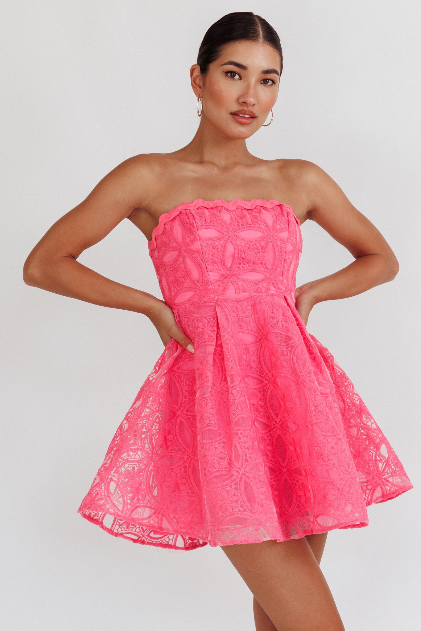 Kesenia Strapless Embroidered Mini Dress Hot Pink-Maymioy