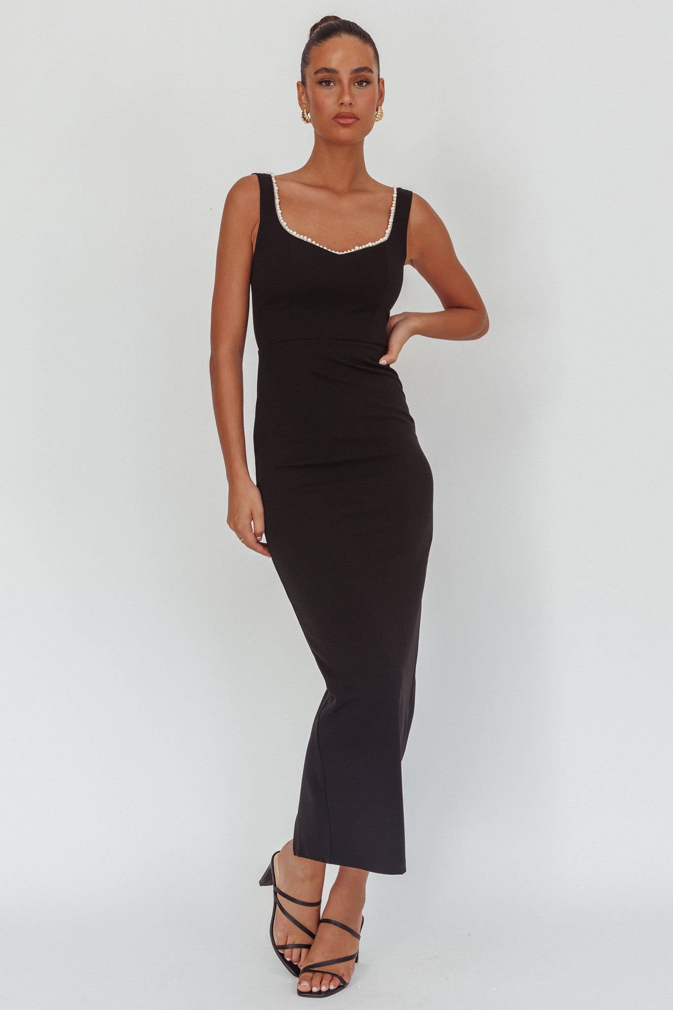This Magic Moment Pearl Trim Maxi Dress Black-Maymioy