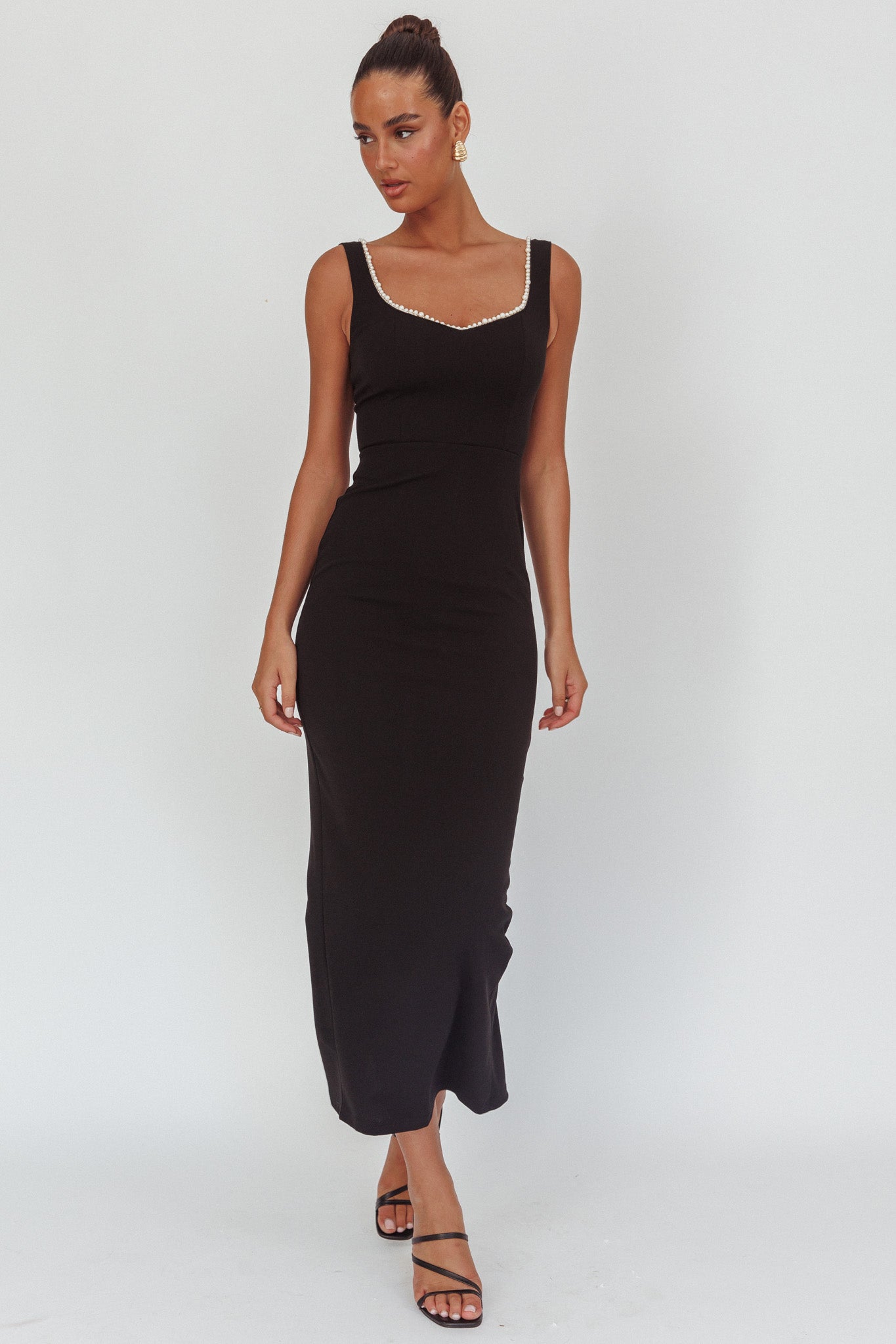 This Magic Moment Pearl Trim Maxi Dress Black-Maymioy