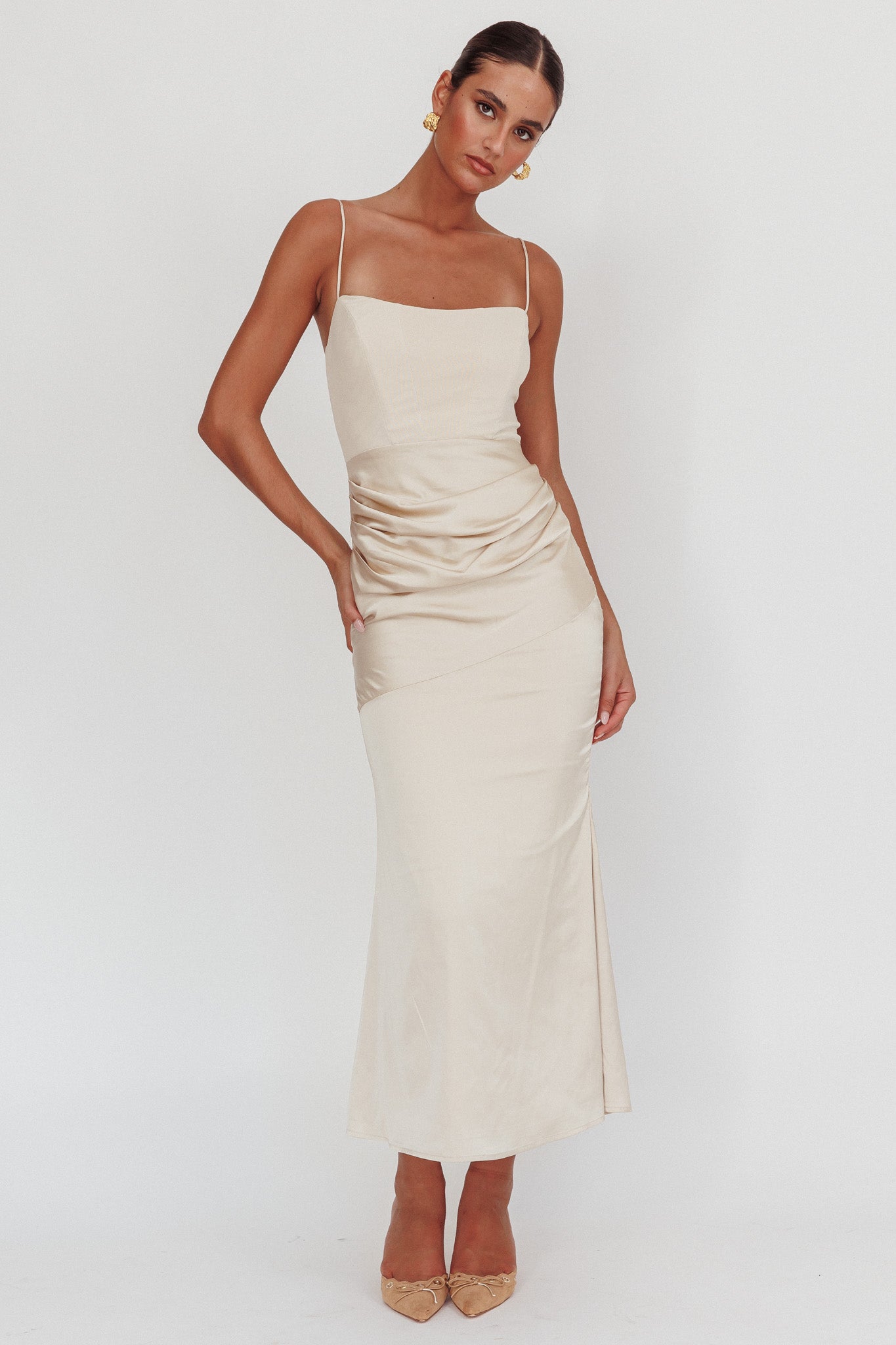 Morella Draped Waist Maxi Dress Champagne-Maymioy