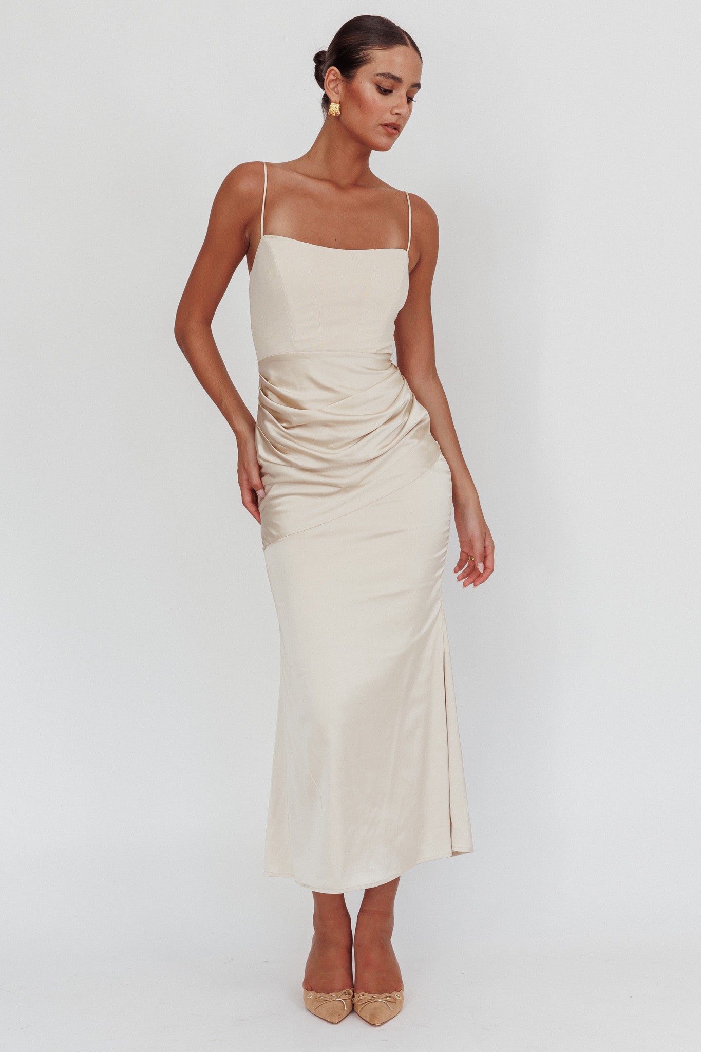 Morella Draped Waist Maxi Dress Champagne-Maymioy