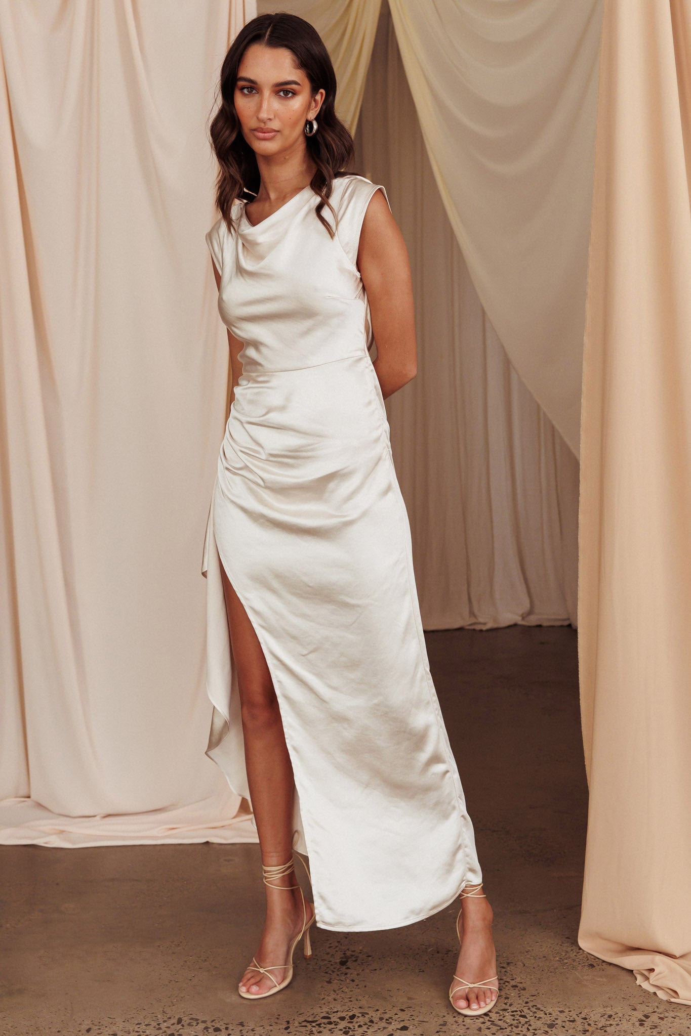 Grecian Cap Sleeve Cowl Back Dress Champagne-Maymioy