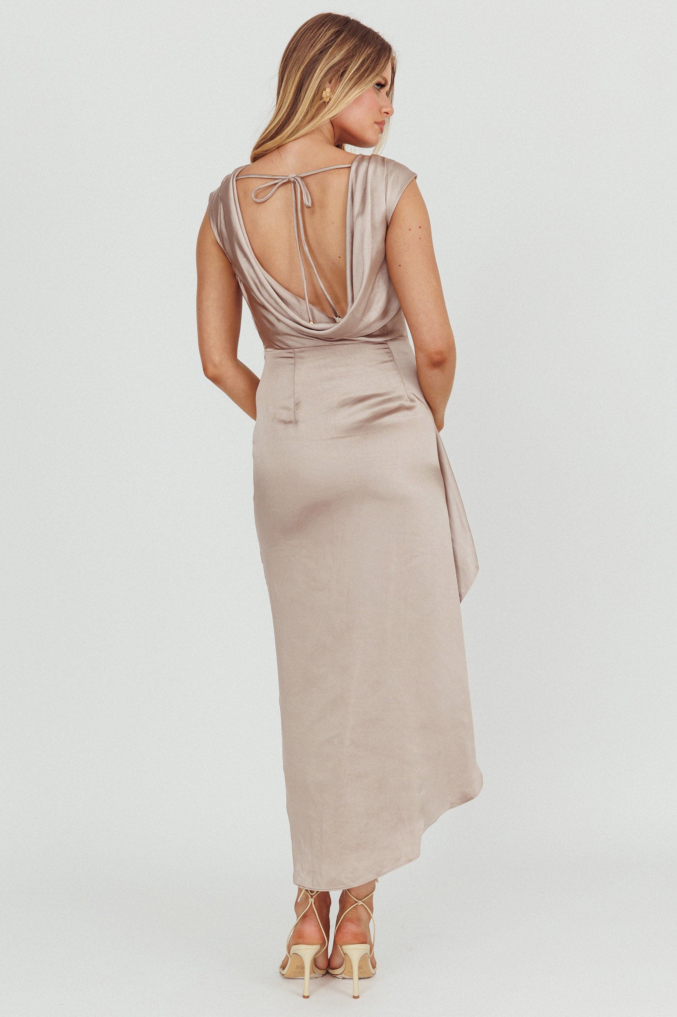 Grecian Cap Sleeve Cowl Back Dress Mocha-Maymioy