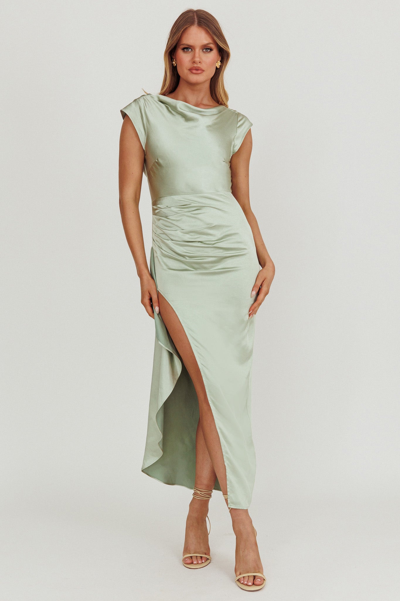 Grecian Cap Sleeve Cowl Back Dress Sage-Maymioy