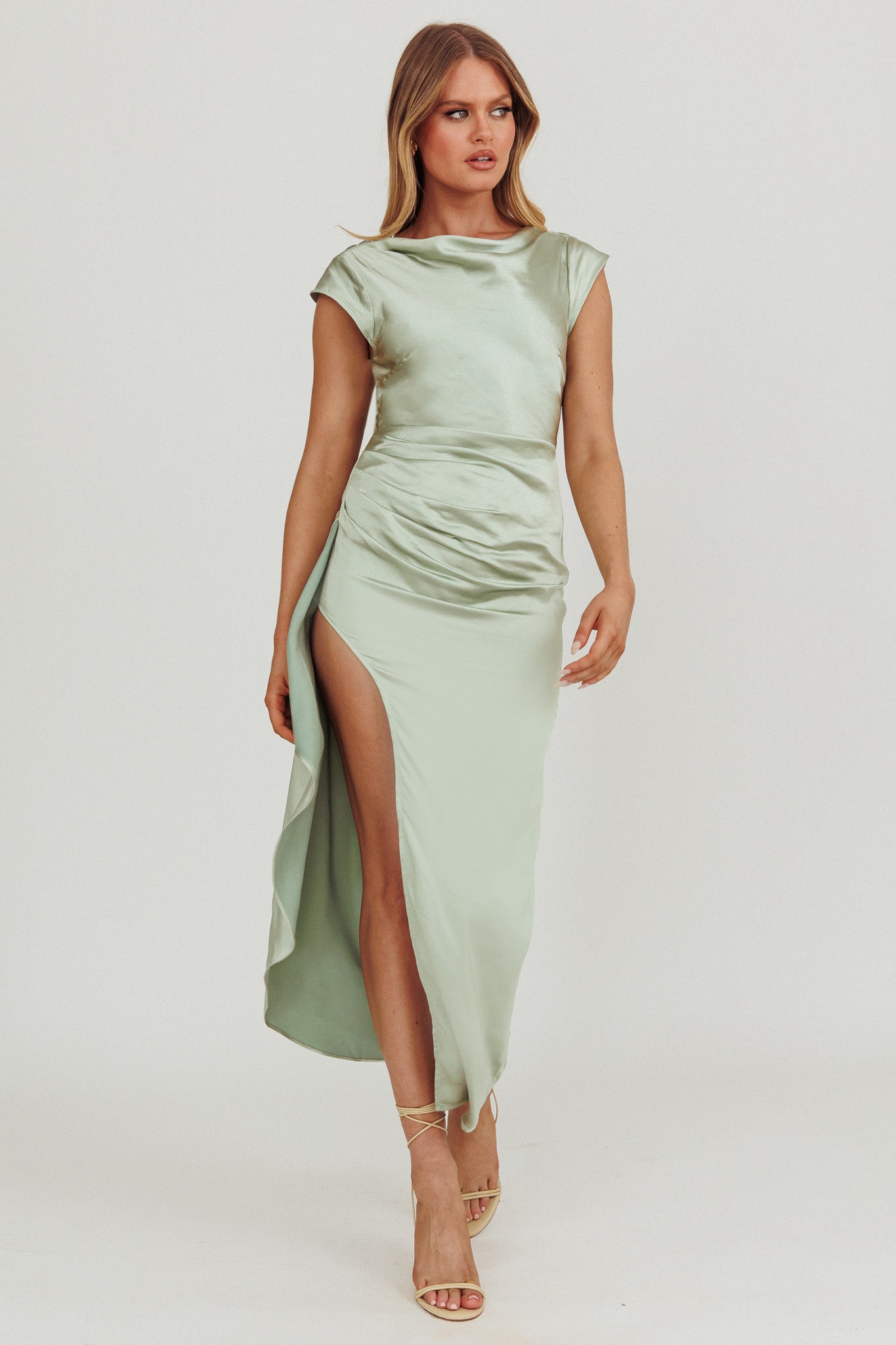 Grecian Cap Sleeve Cowl Back Dress Sage-Maymioy