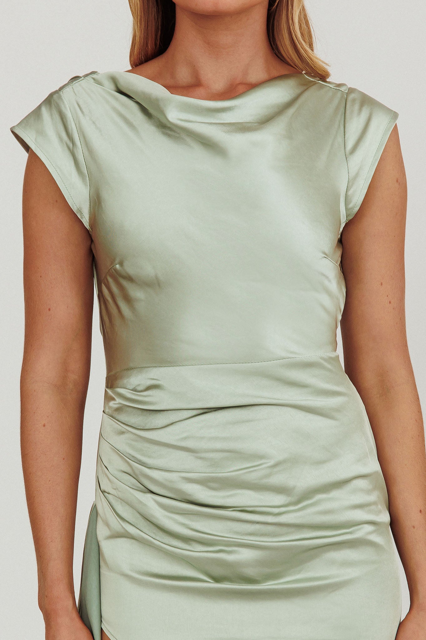 Grecian Cap Sleeve Cowl Back Dress Sage-Maymioy