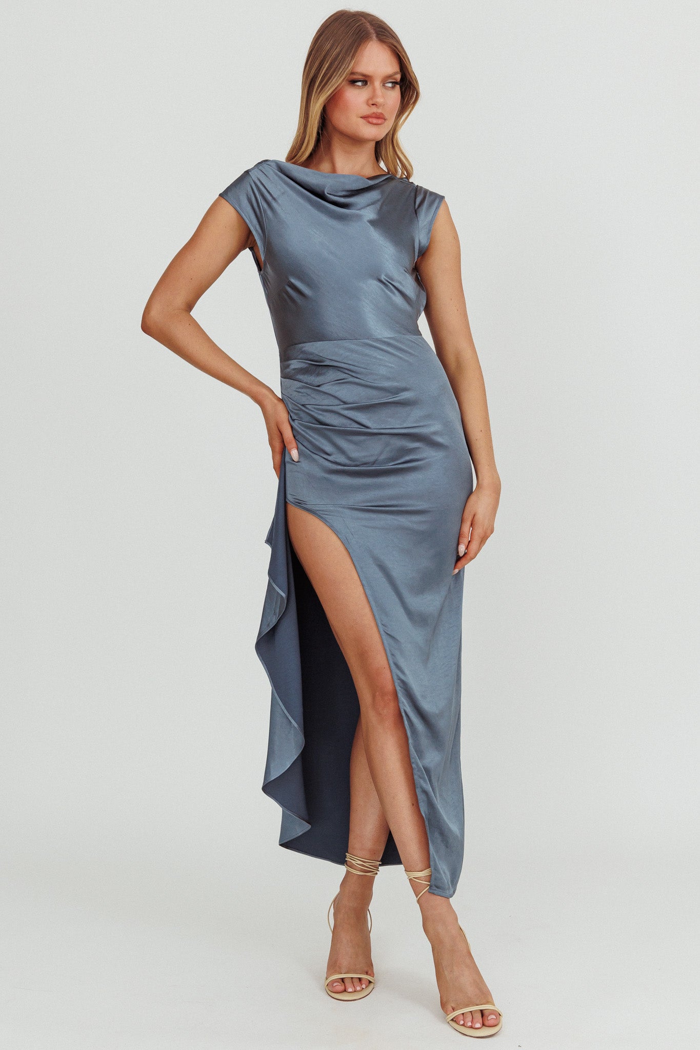 Grecian Cap Sleeve Cowl Back Dress Steel Blue-Maymioy