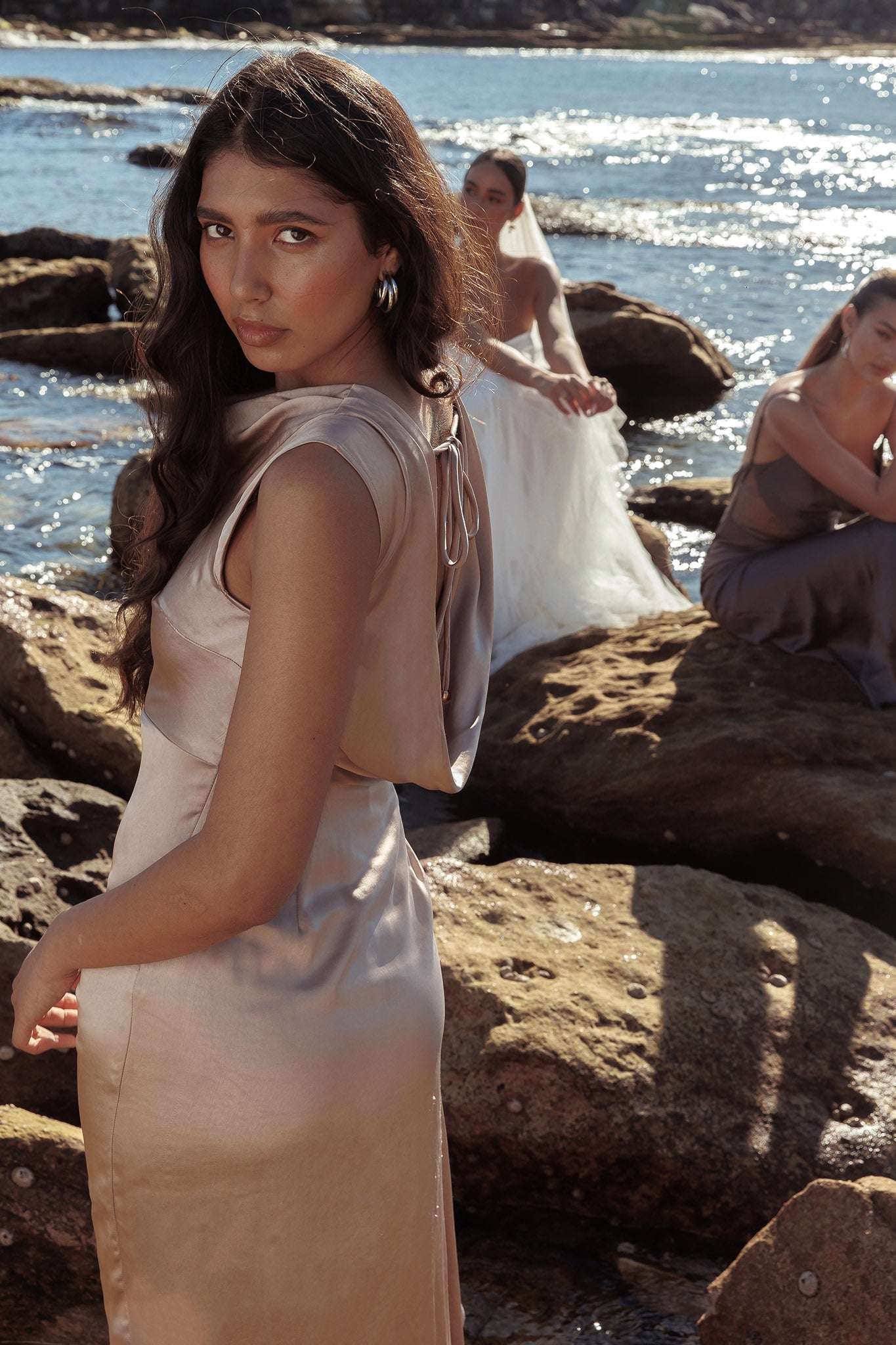 Grecian Cap Sleeve Cowl Back Dress Mocha-Maymioy