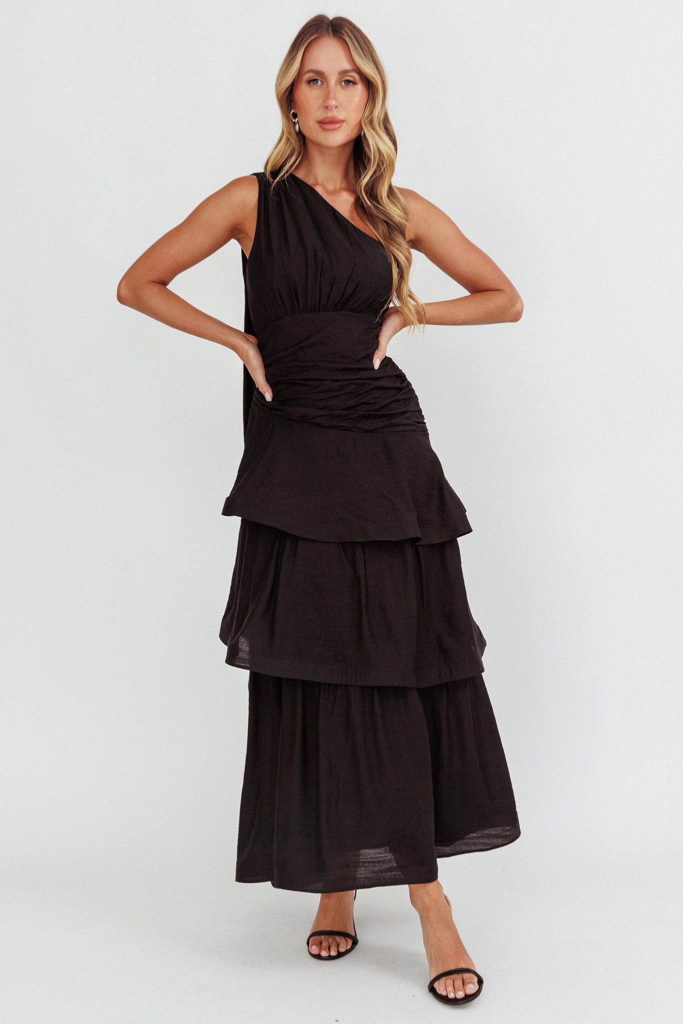 Kenny One Shoulder Tiered Maxi Dress Solid Black-Maymioy