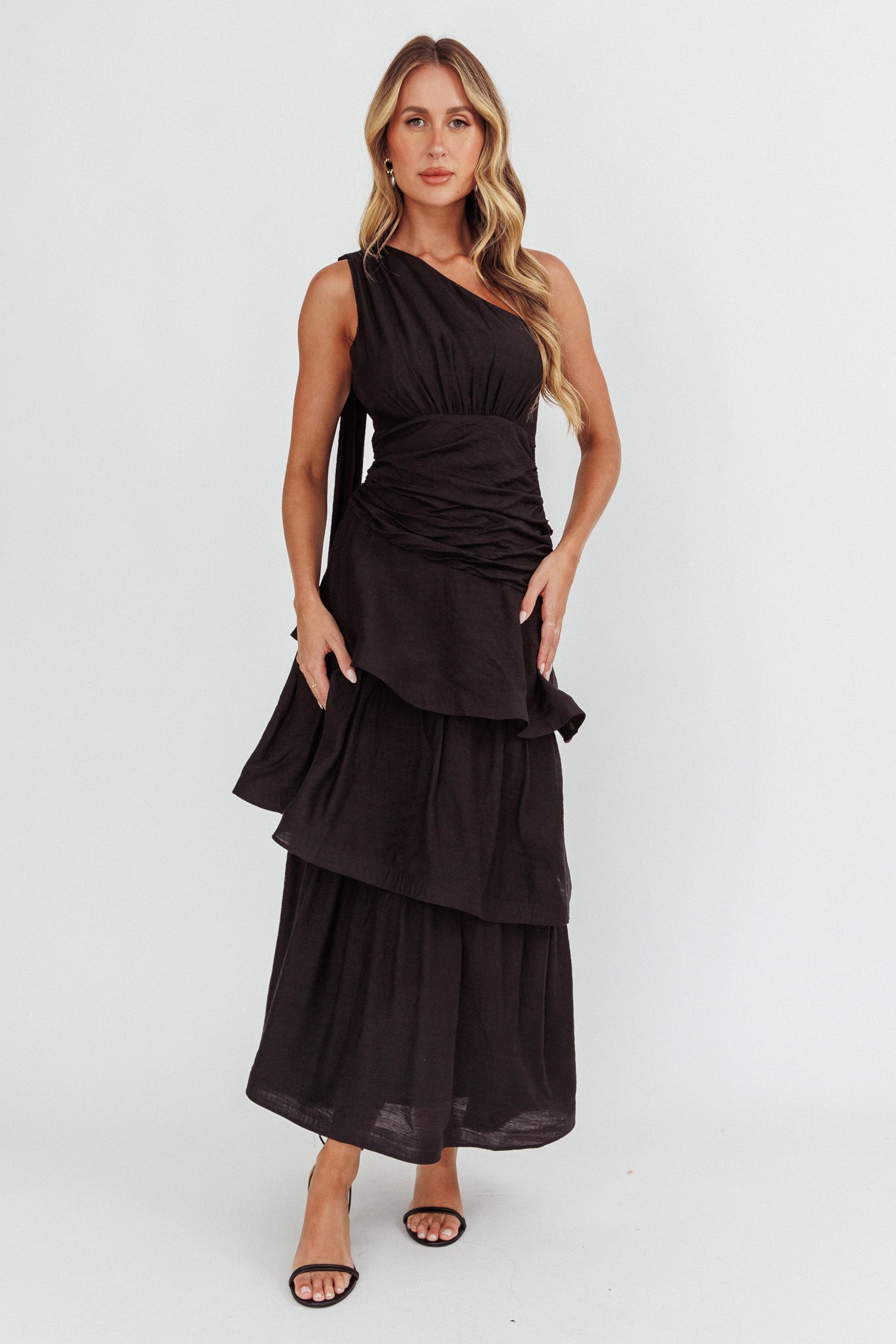 Kenny One Shoulder Tiered Maxi Dress Solid Black-Maymioy