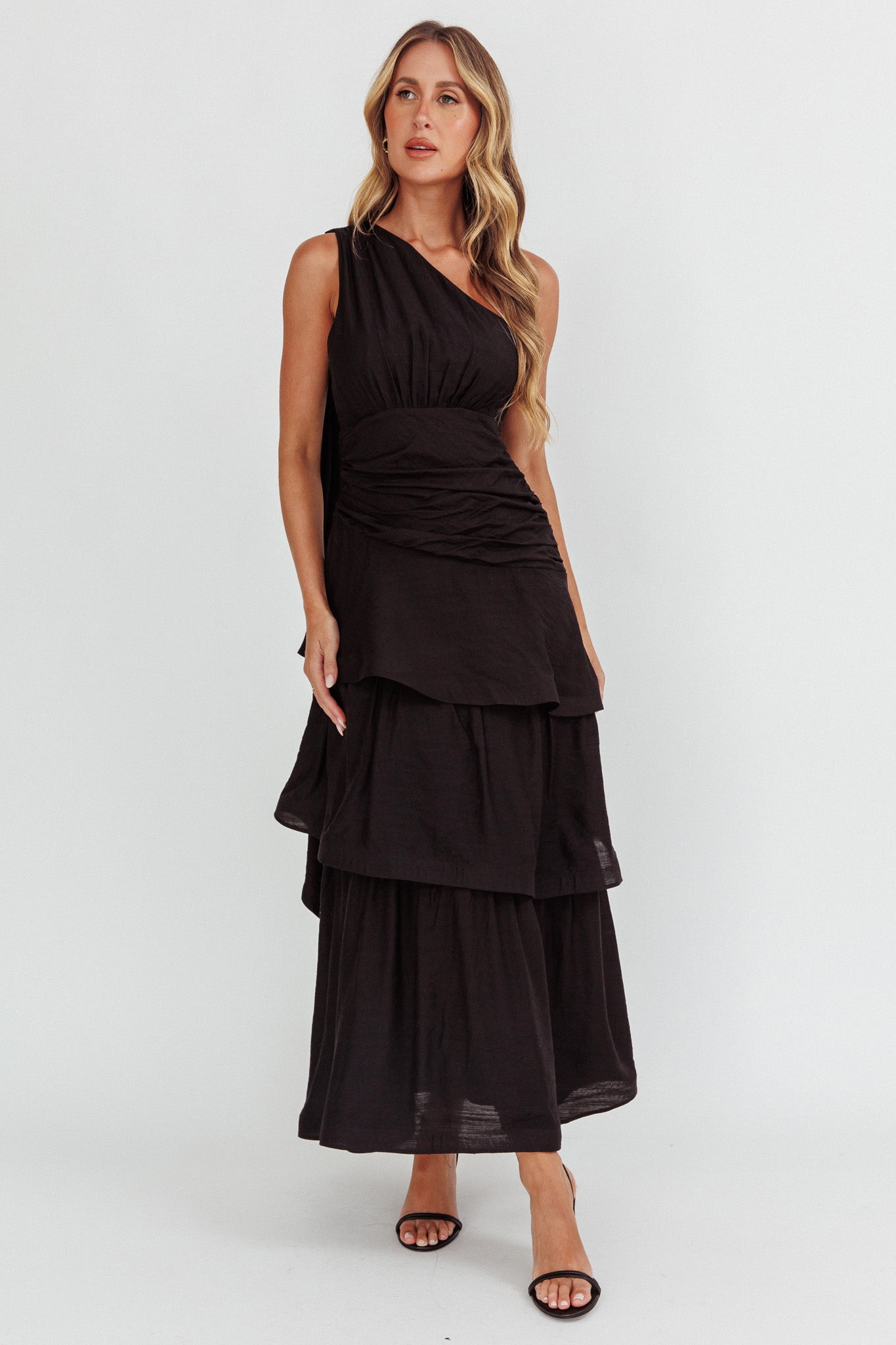 Kenny One Shoulder Tiered Maxi Dress Solid Black-Maymioy