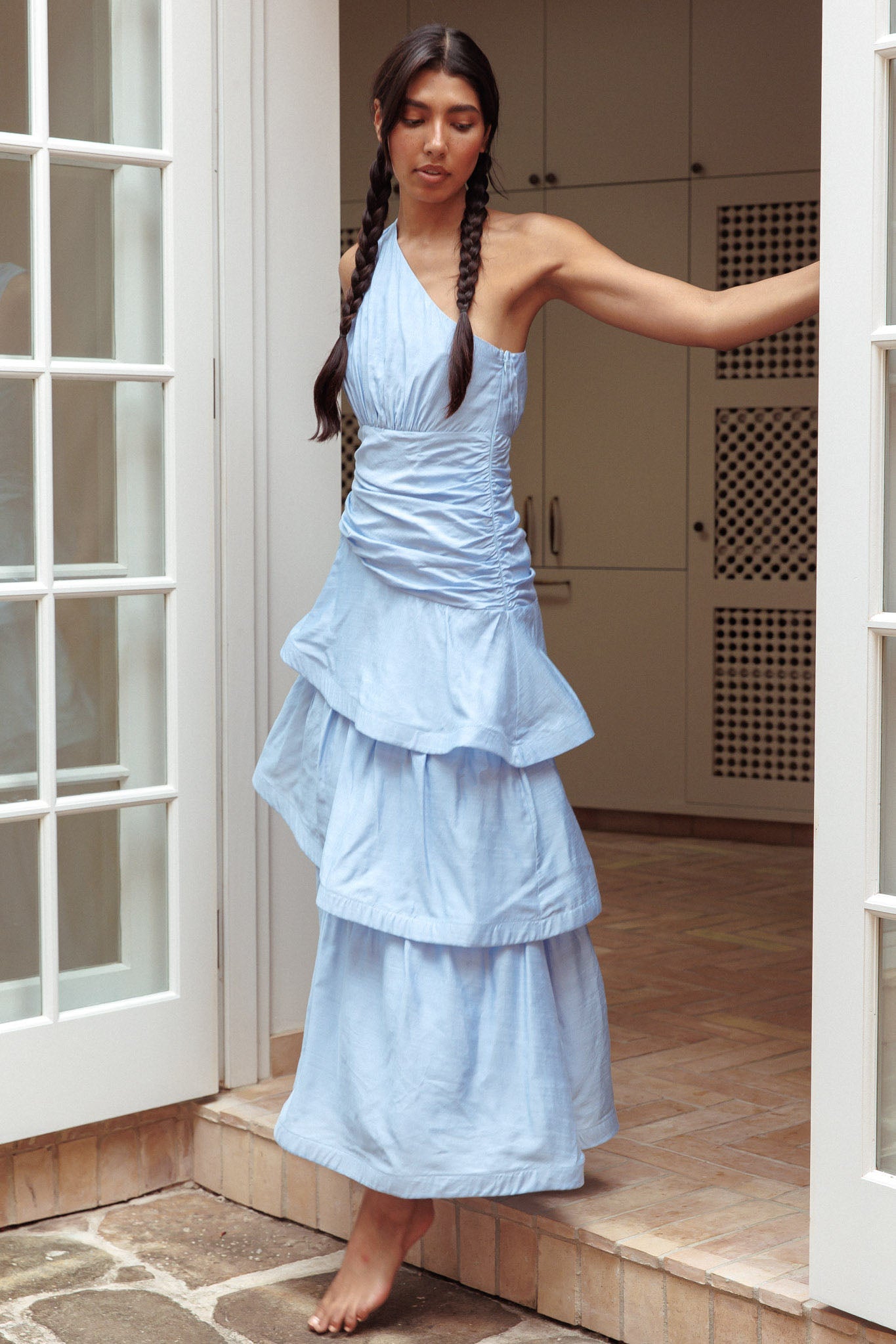 Kenny One Shoulder Tiered Maxi Dress Solid Blue-Maymioy