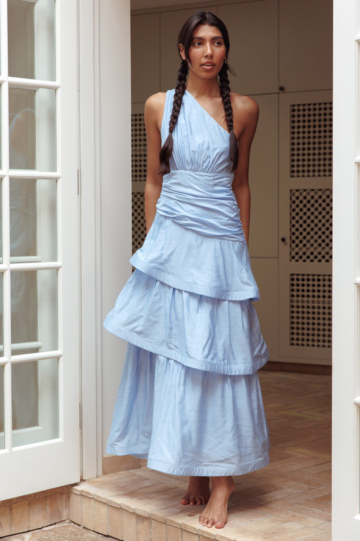 Kenny One Shoulder Tiered Maxi Dress Solid Blue-Maymioy