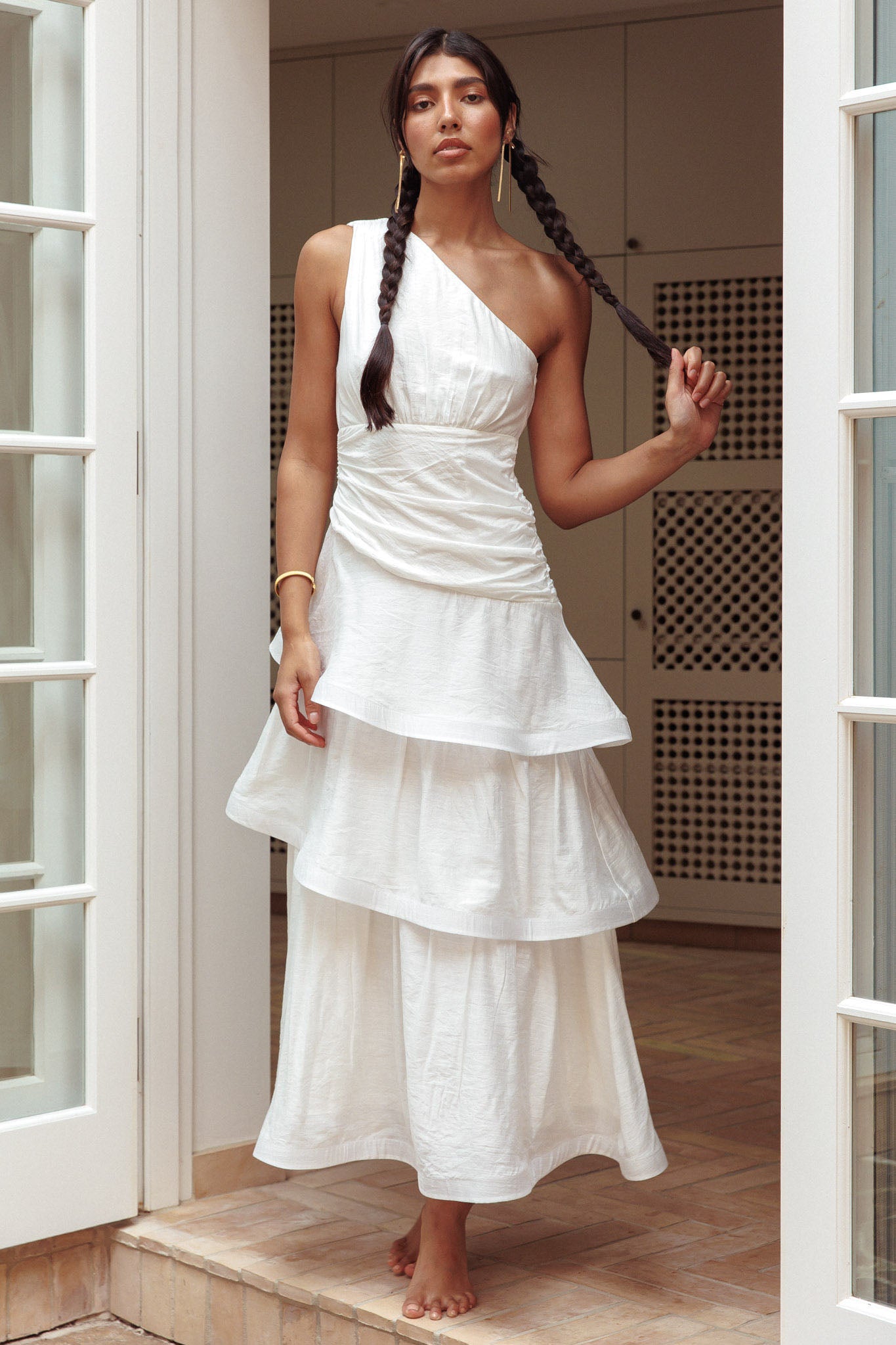 Kenny One Shoulder Tiered Maxi Dress White-Maymioy