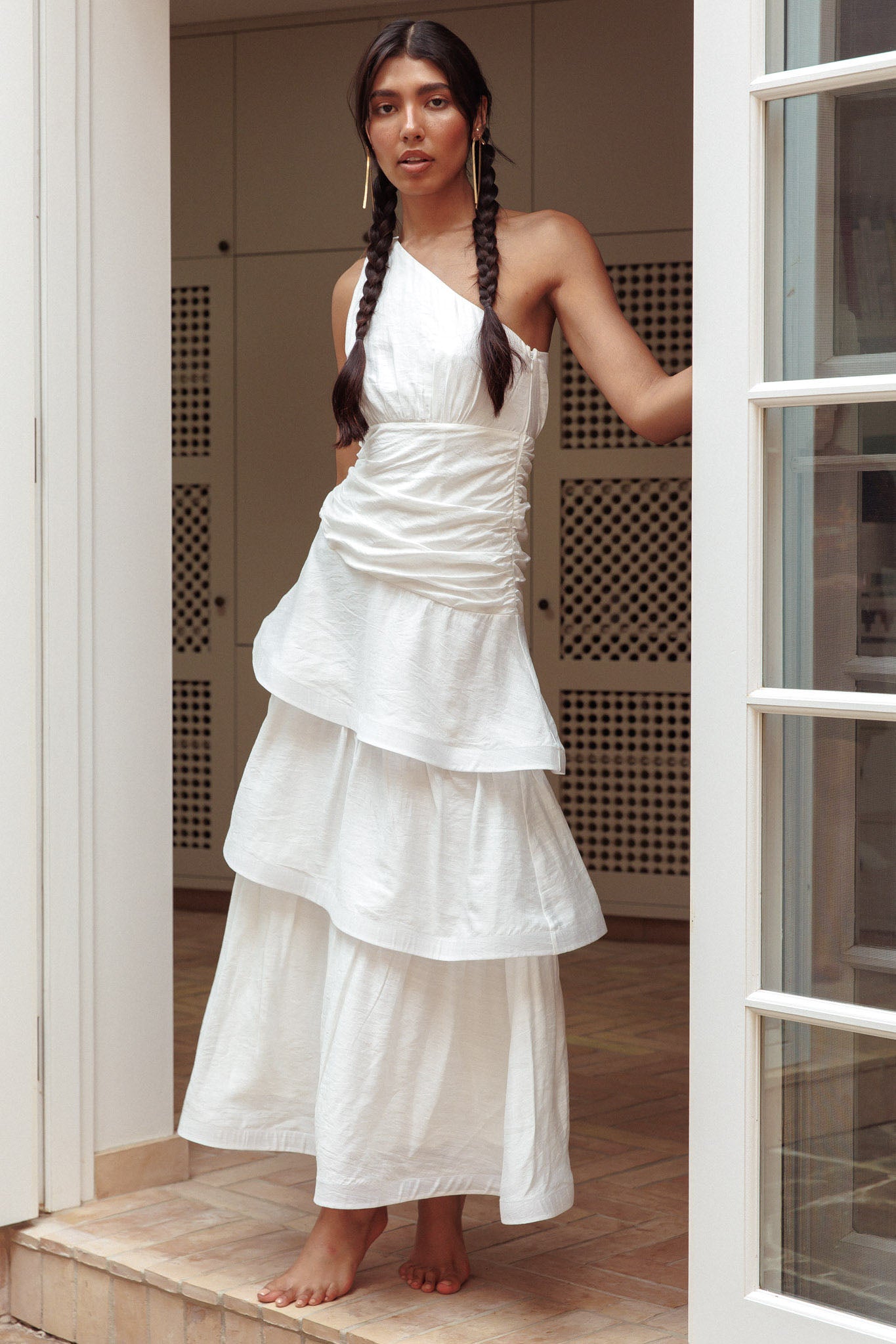 Kenny One Shoulder Tiered Maxi Dress White-Maymioy