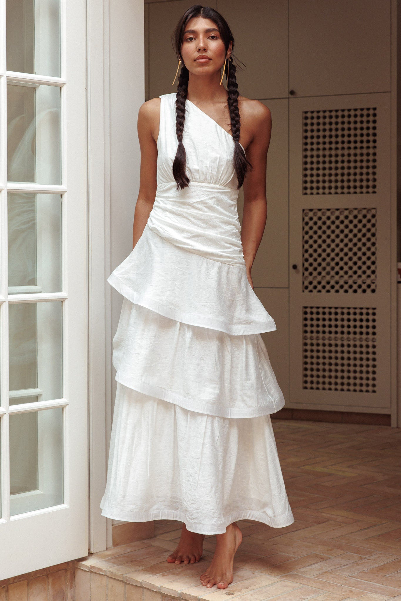 Kenny One Shoulder Tiered Maxi Dress White-Maymioy