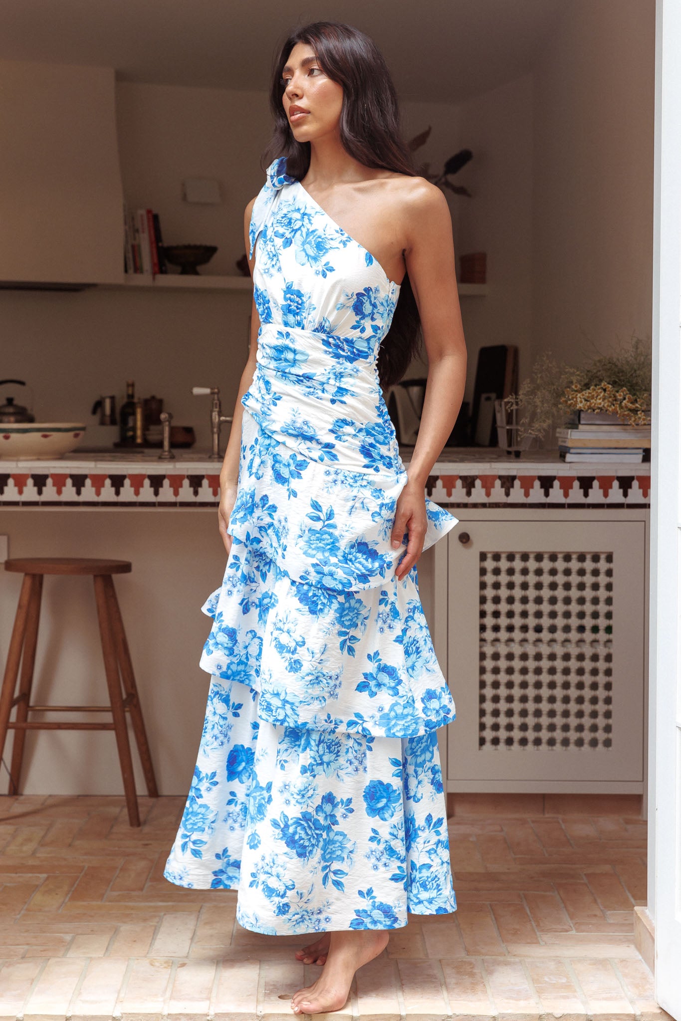 Kenny One Shoulder Tiered Maxi Dress Blue-Maymioy