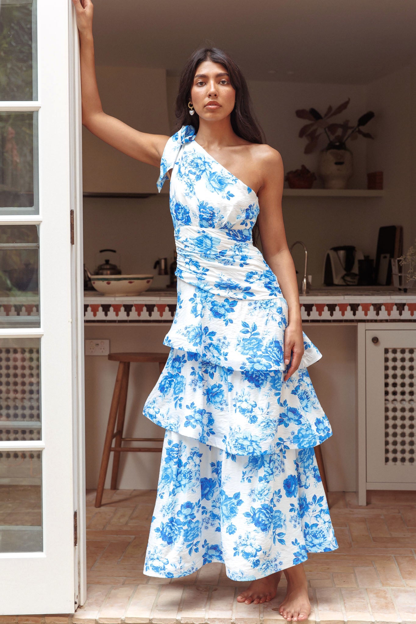 Kenny One Shoulder Tiered Maxi Dress Blue-Maymioy