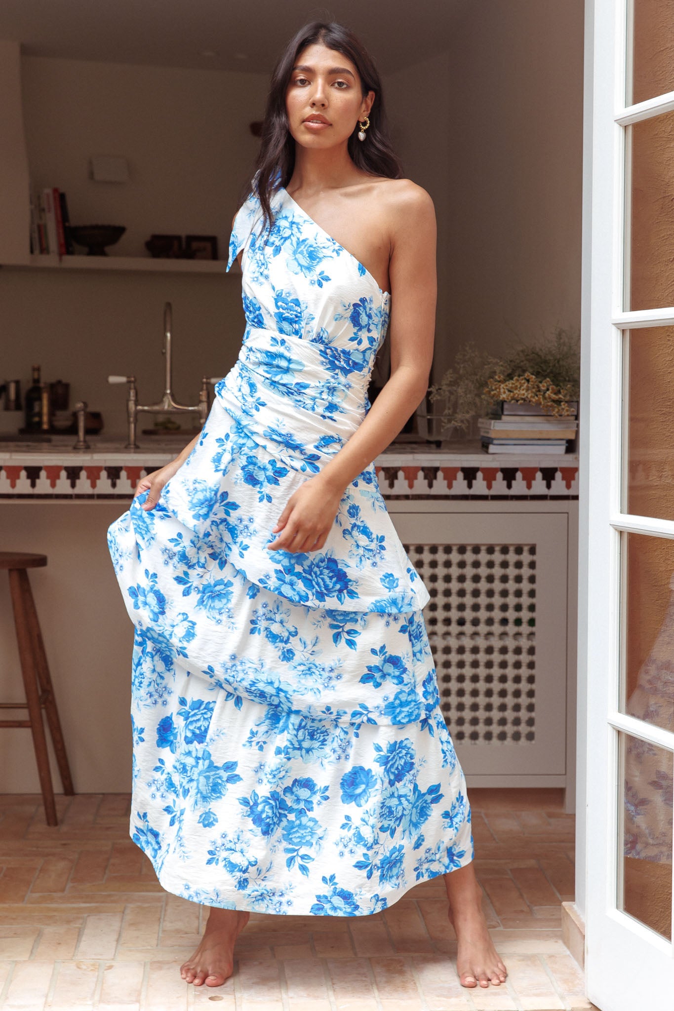 Kenny One Shoulder Tiered Maxi Dress Blue-Maymioy