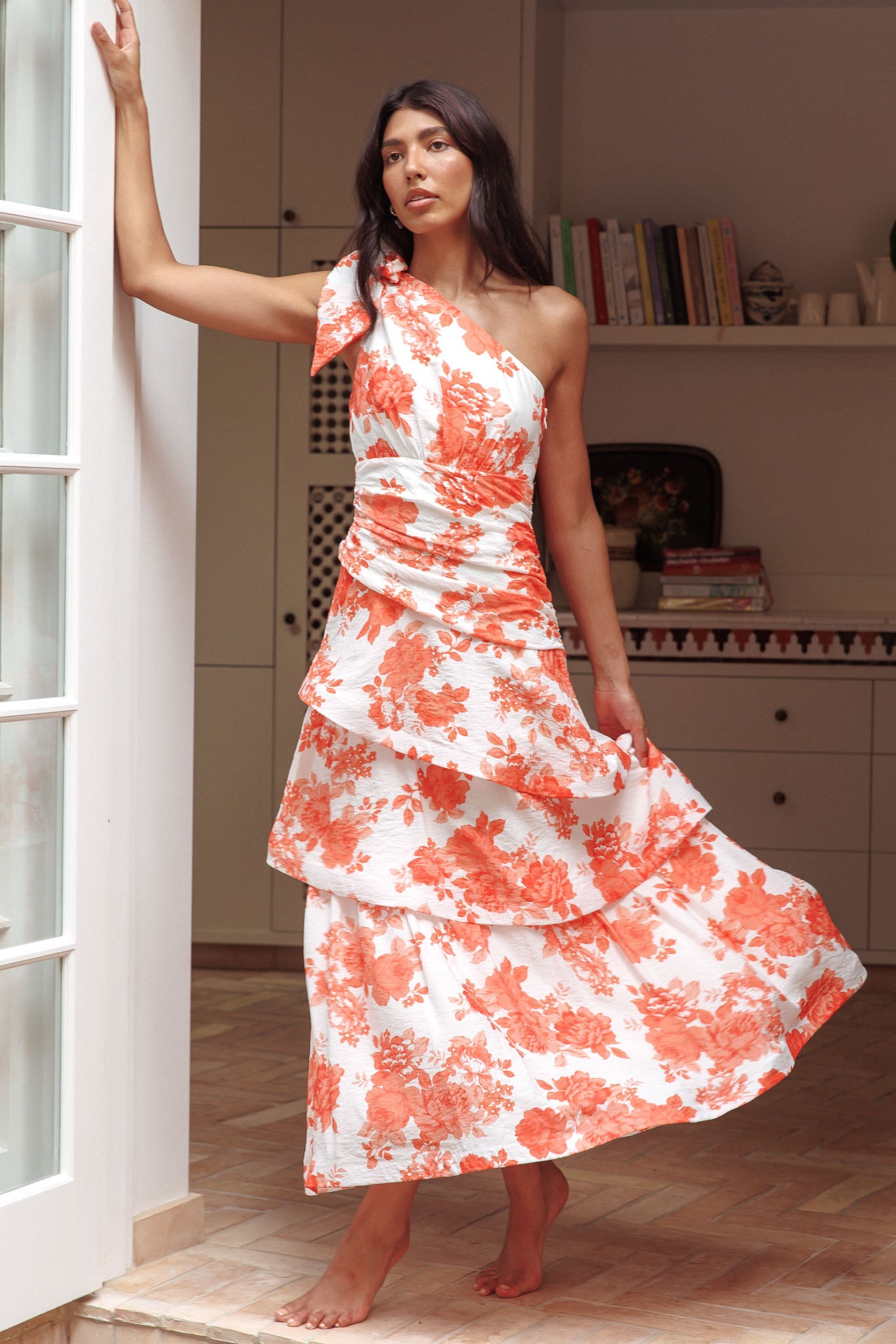 Kenny One Shoulder Tiered Maxi Dress Orange-Maymioy