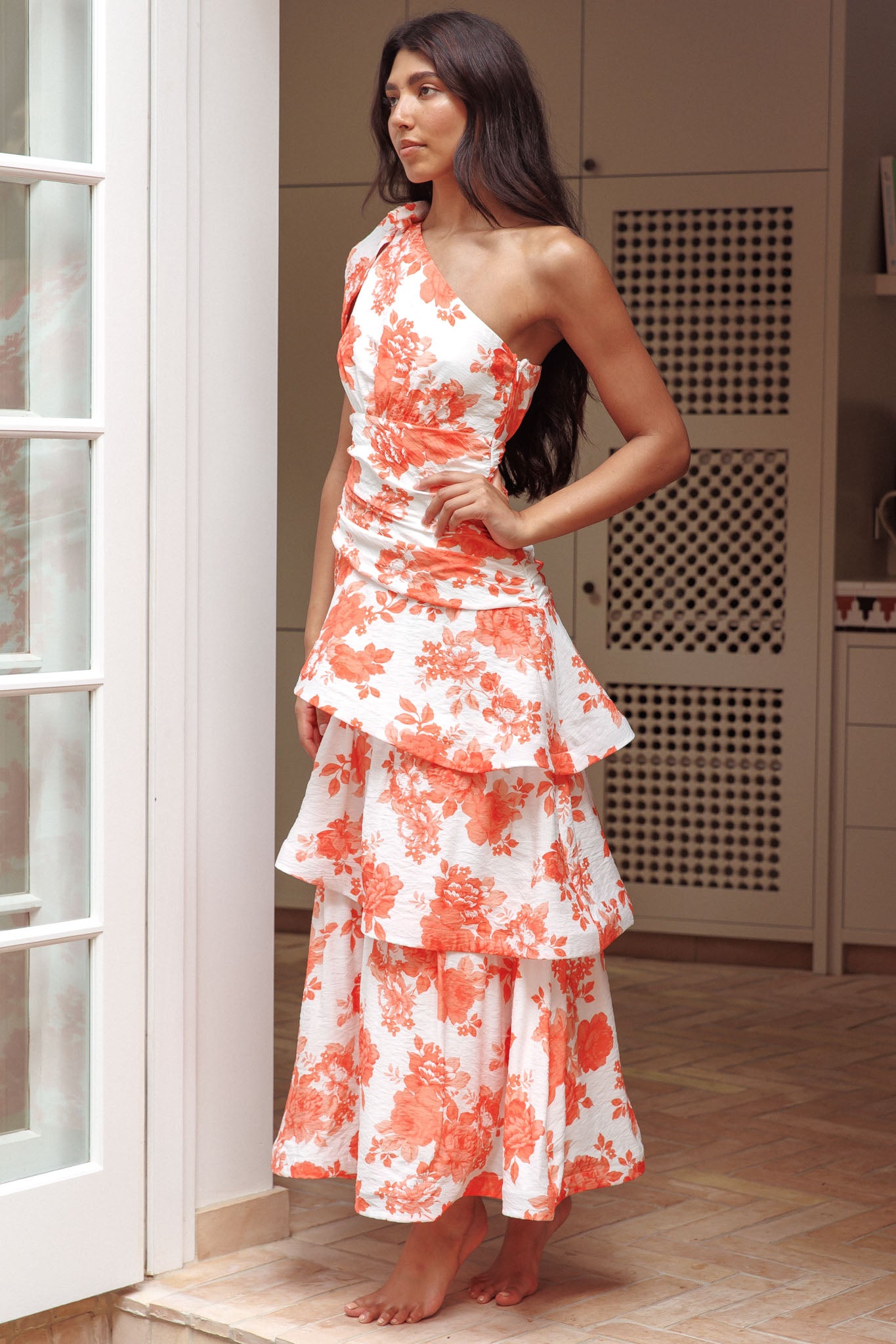 Kenny One Shoulder Tiered Maxi Dress Orange-Maymioy
