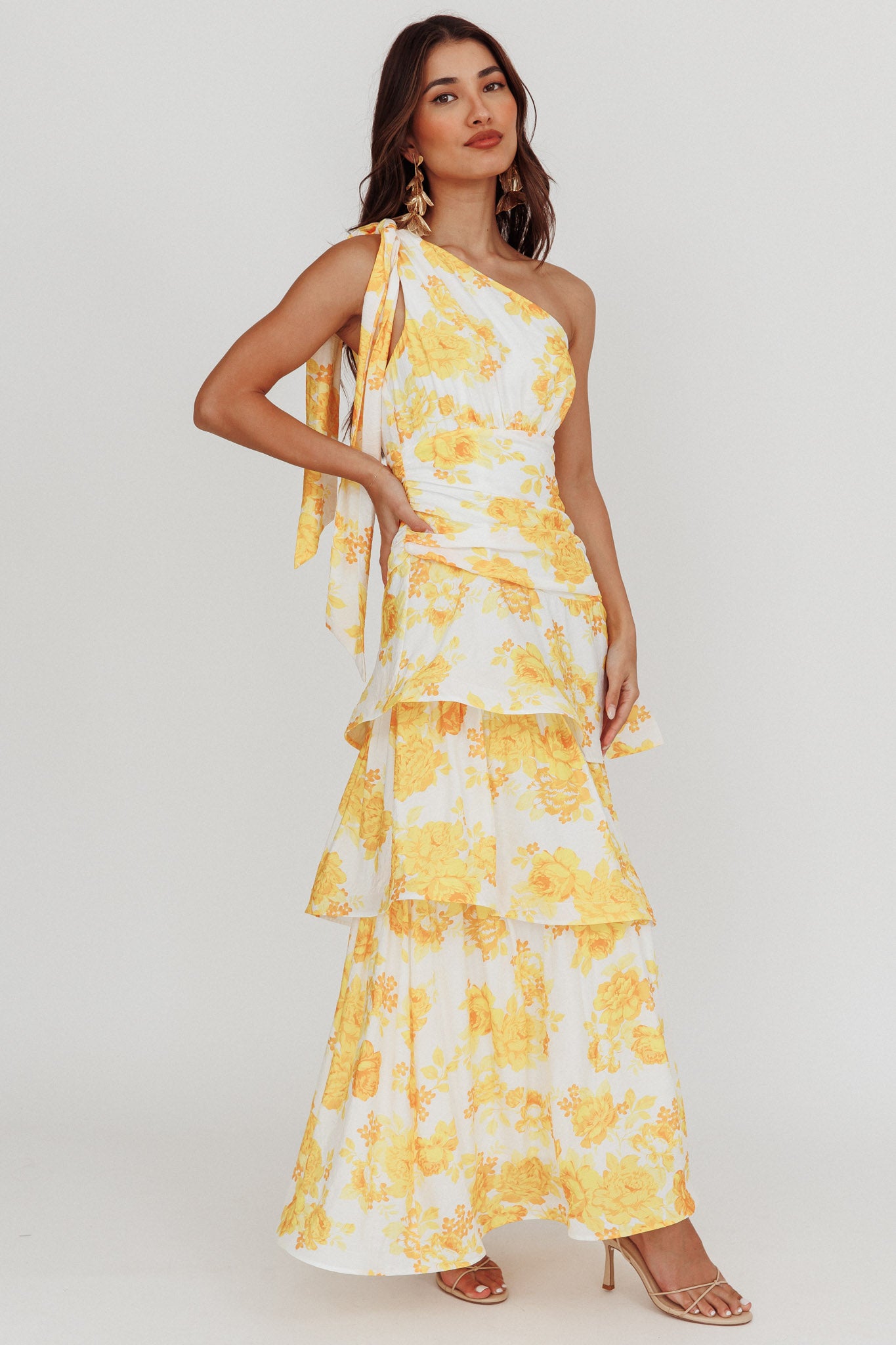Kenny One Shoulder Tiered Maxi Dress Yellow-Maymioy
