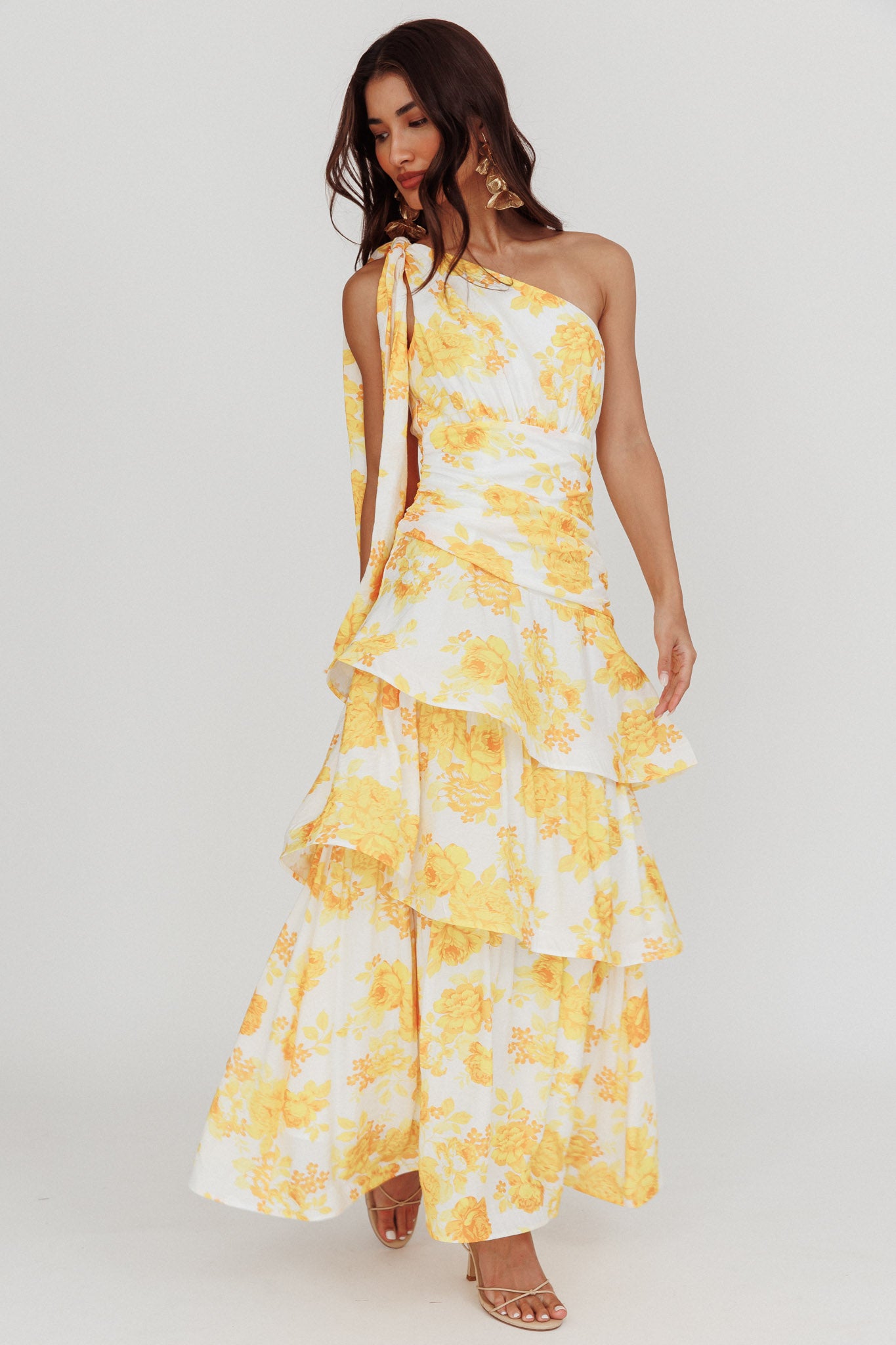 Kenny One Shoulder Tiered Maxi Dress Yellow-Maymioy