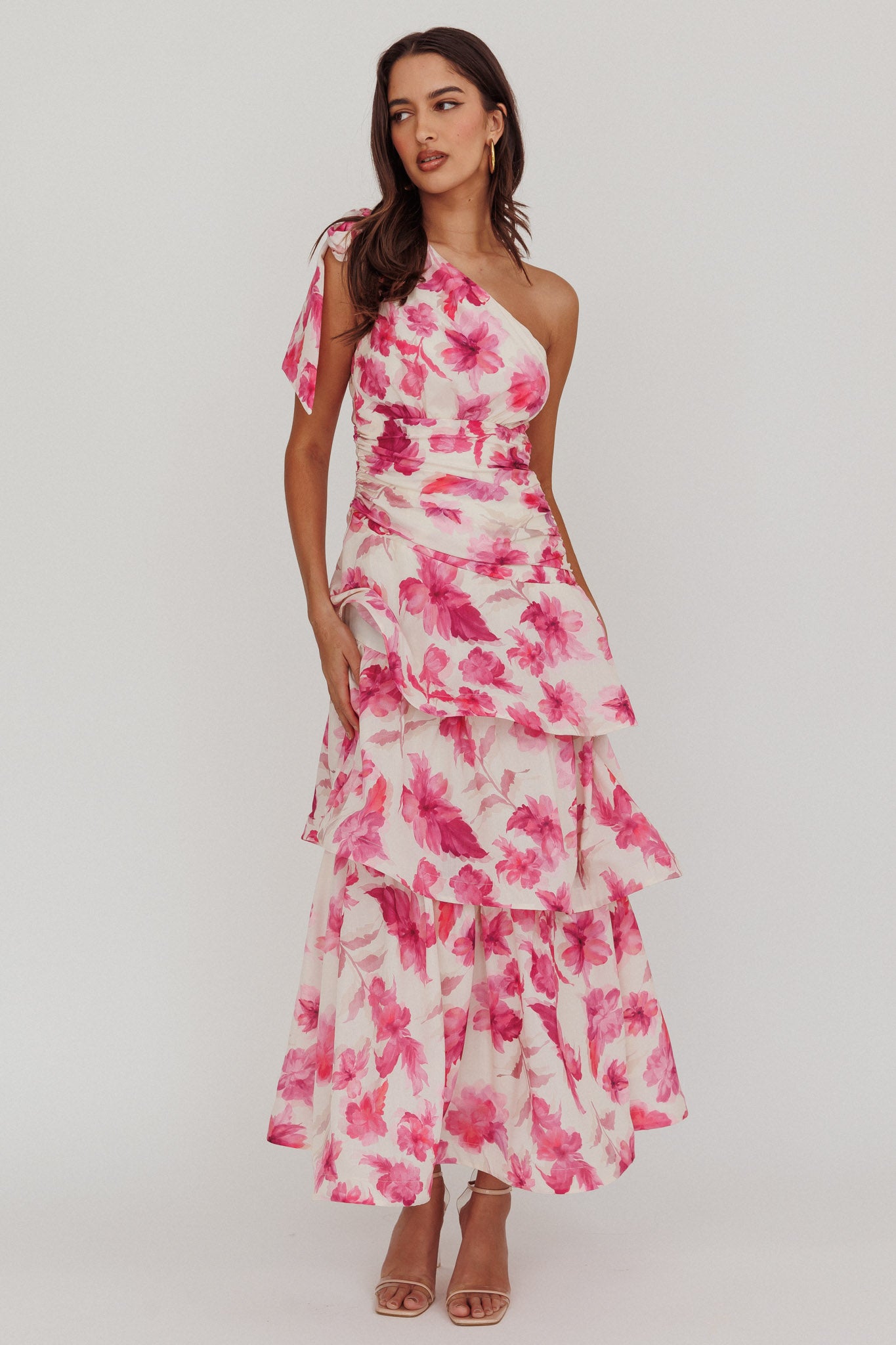 Kenny One Shoulder Tiered Floral Maxi Dress Pink-Maymioy