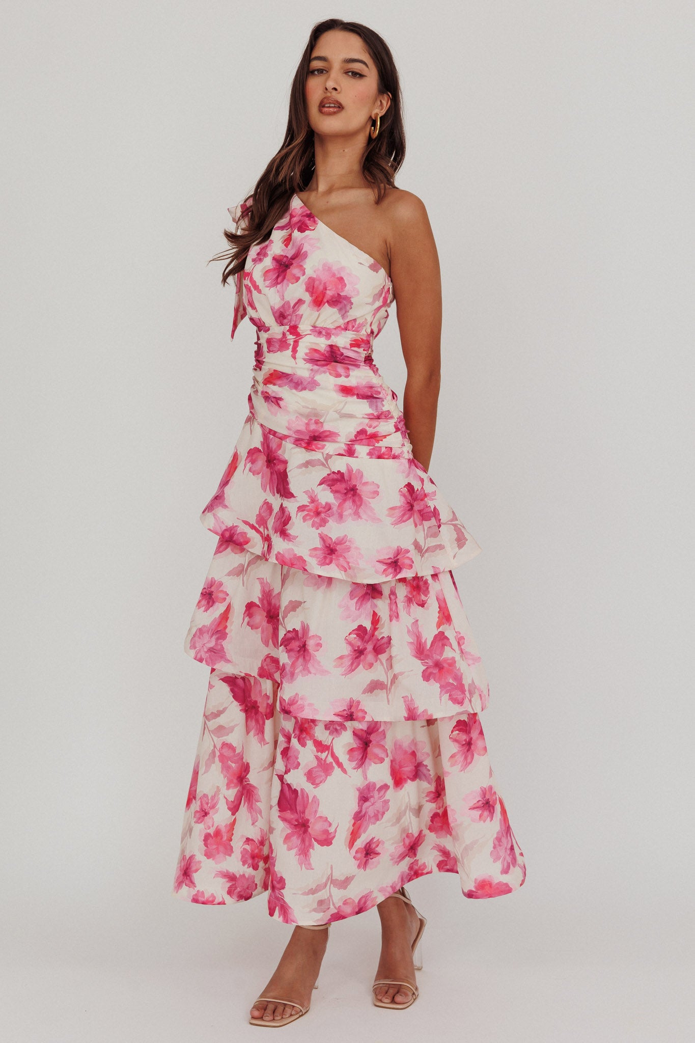Kenny One Shoulder Tiered Floral Maxi Dress Pink-Maymioy