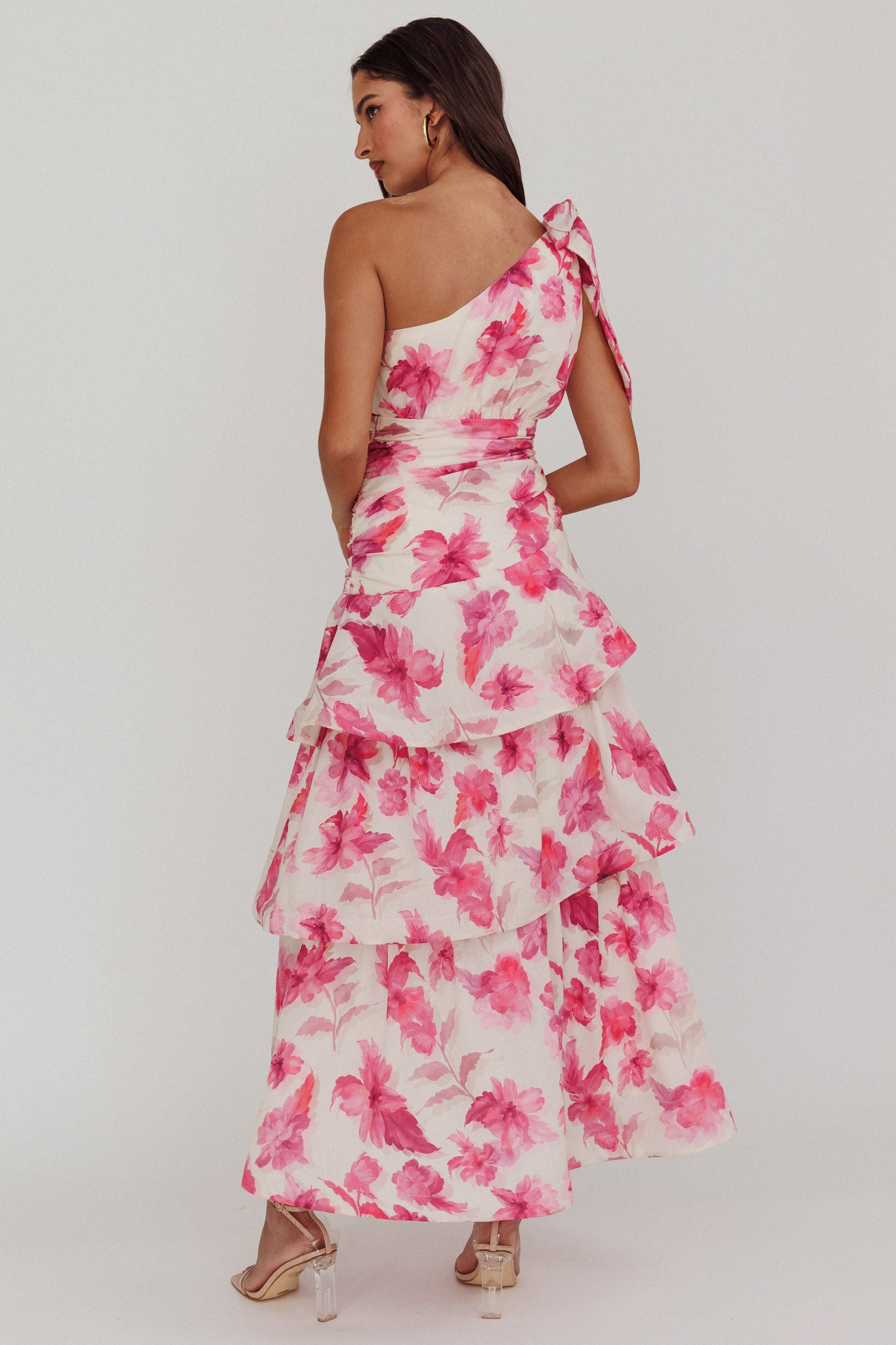 Kenny One Shoulder Tiered Floral Maxi Dress Pink-Maymioy