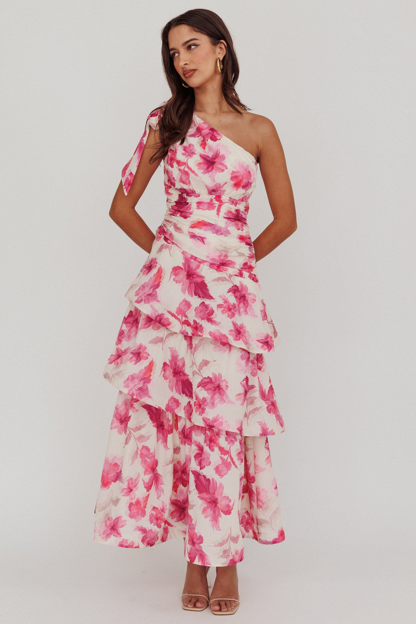 Kenny One Shoulder Tiered Floral Maxi Dress Pink-Maymioy