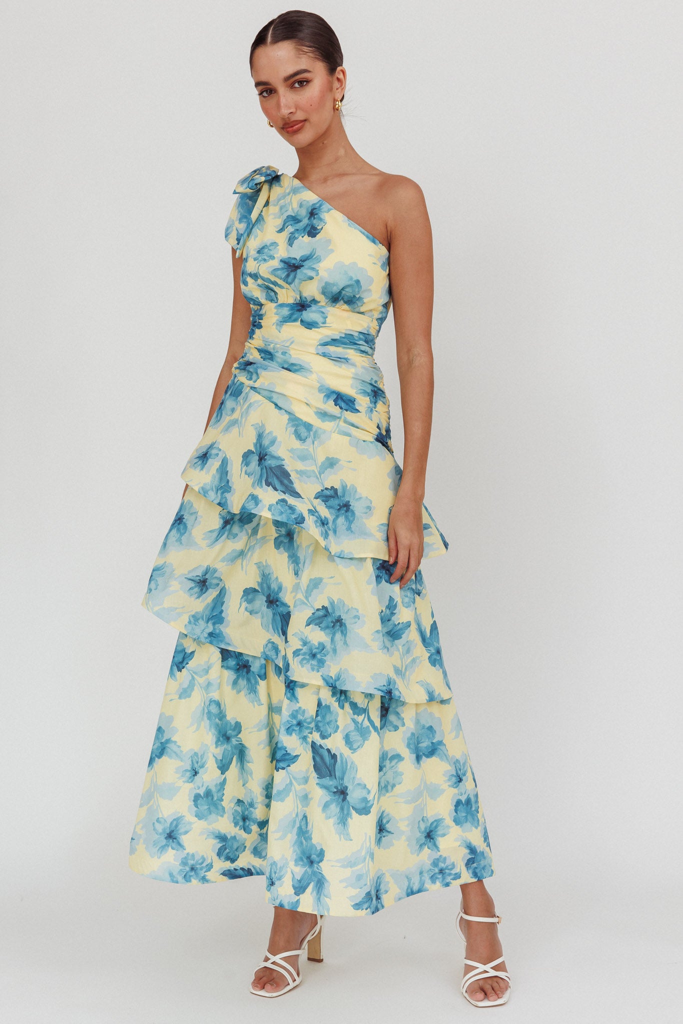 Kenny One Shoulder Tiered Floral Maxi Dress Yellow-Maymioy