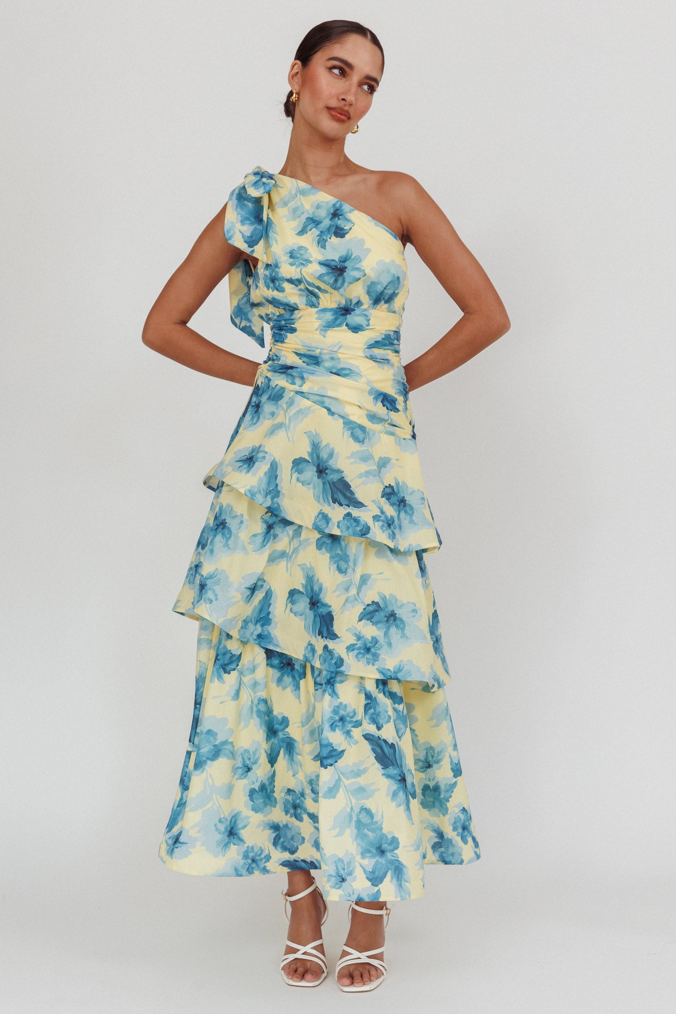 Kenny One Shoulder Tiered Floral Maxi Dress Yellow-Maymioy