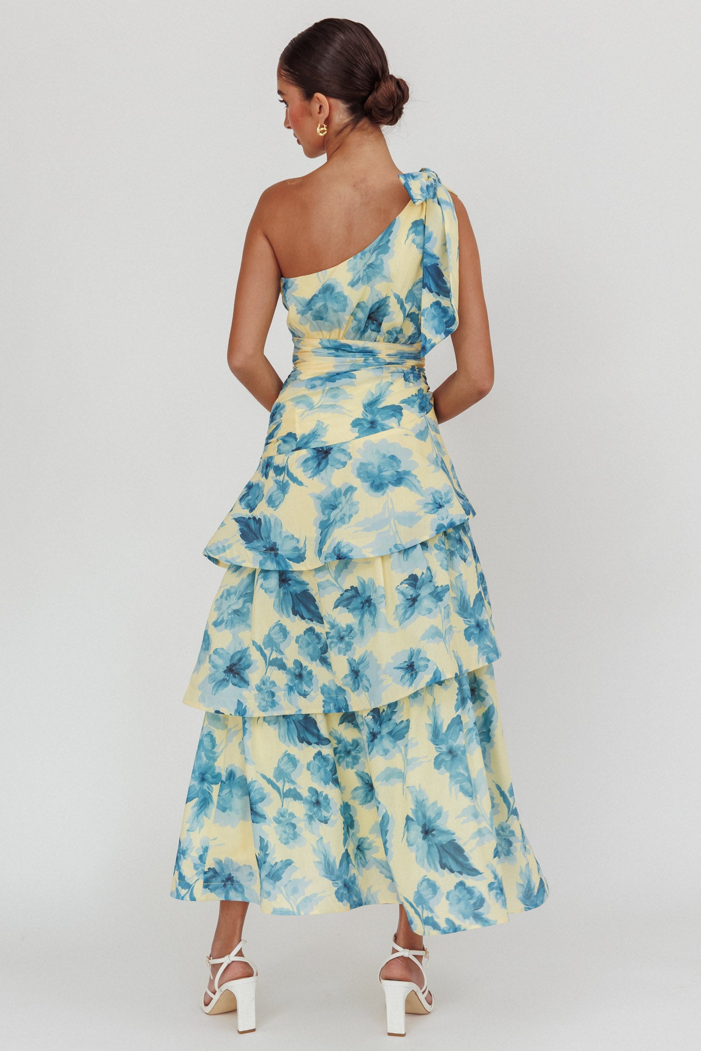 Kenny One Shoulder Tiered Floral Maxi Dress Yellow-Maymioy