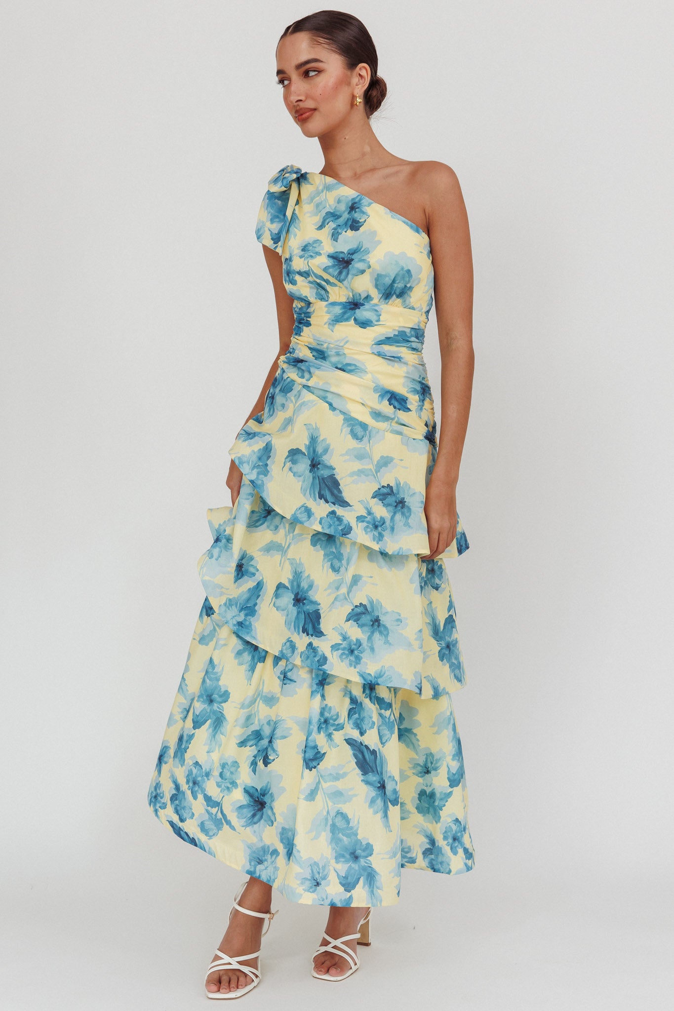 Kenny One Shoulder Tiered Floral Maxi Dress Yellow-Maymioy