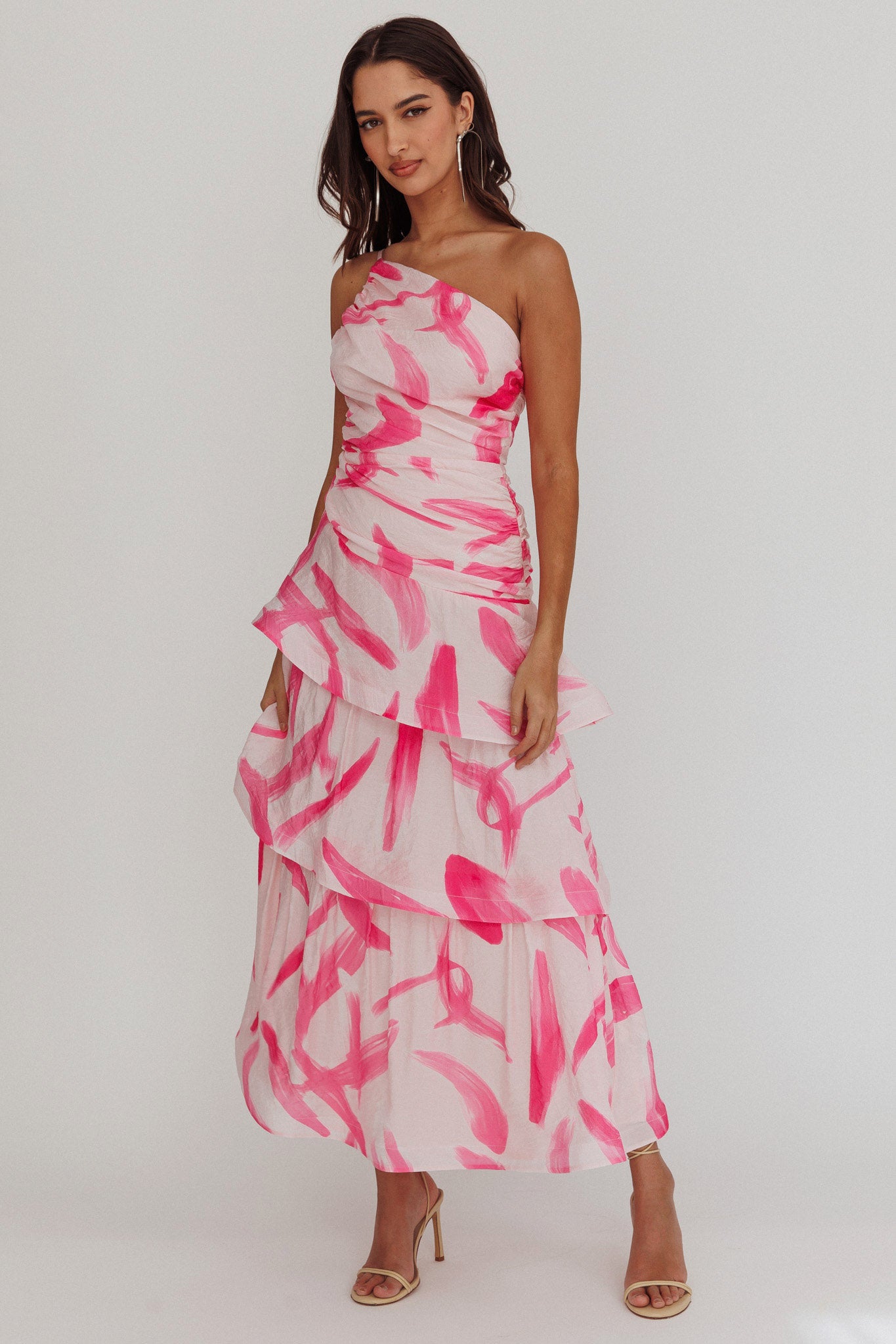Kenny One Shoulder Tiered Maxi Dress Print Pink-Maymioy