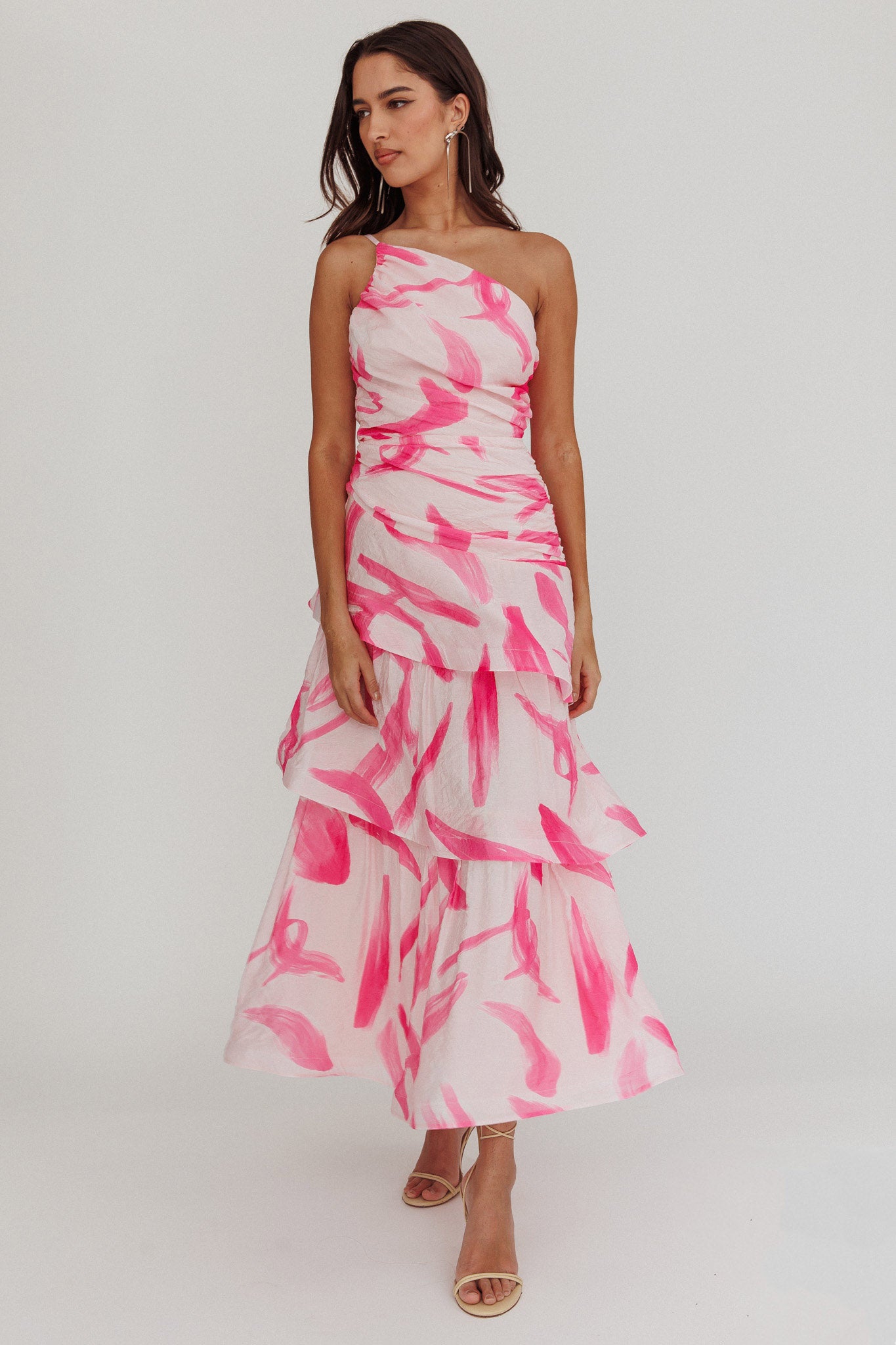 Kenny One Shoulder Tiered Maxi Dress Print Pink-Maymioy