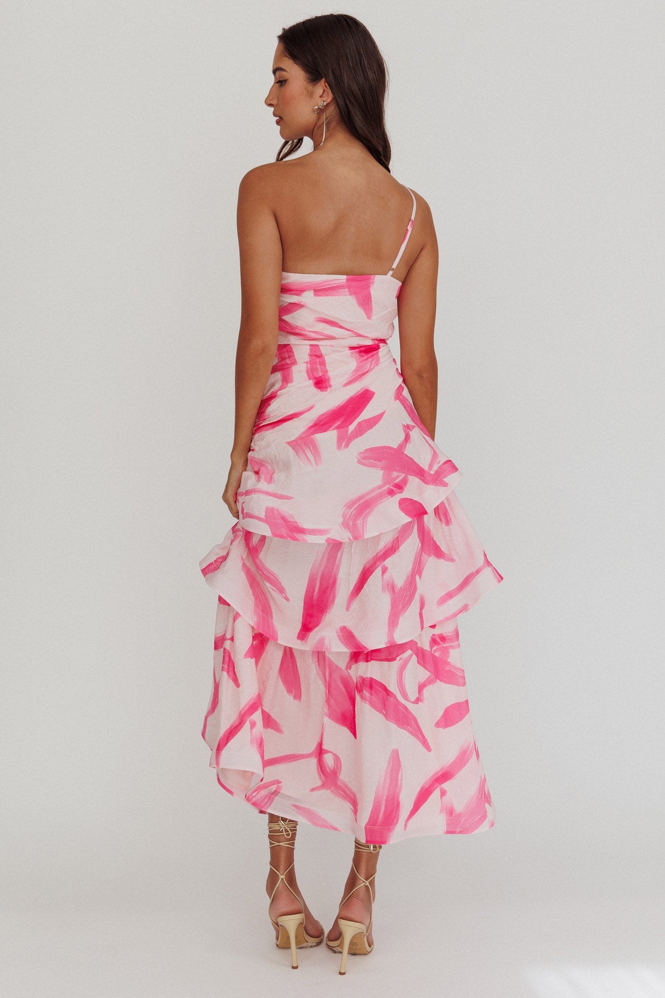 Kenny One Shoulder Tiered Maxi Dress Print Pink-Maymioy
