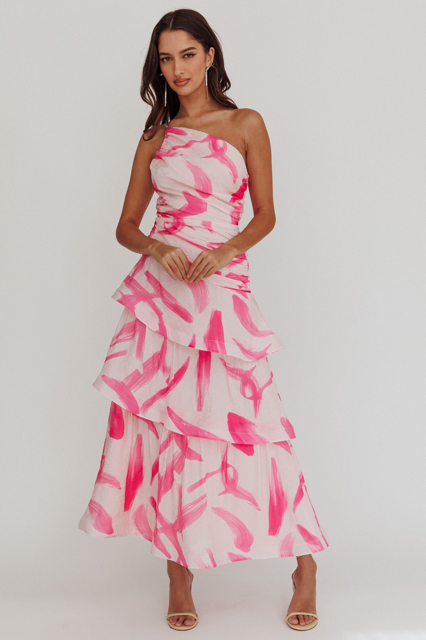 Kenny One Shoulder Tiered Maxi Dress Print Pink-Maymioy