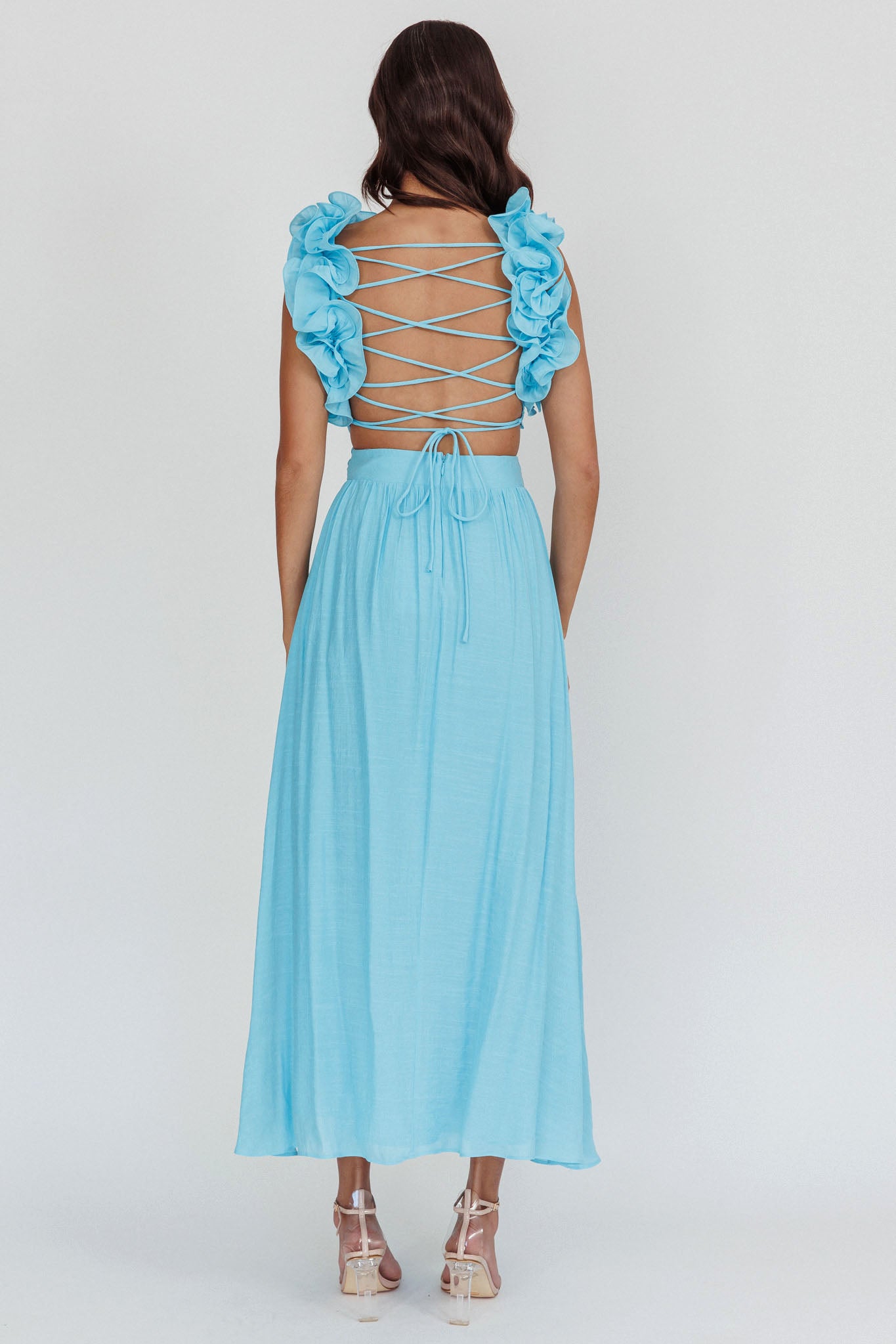 Madara Laced Back Ruffle Dress Blue-Maymioy