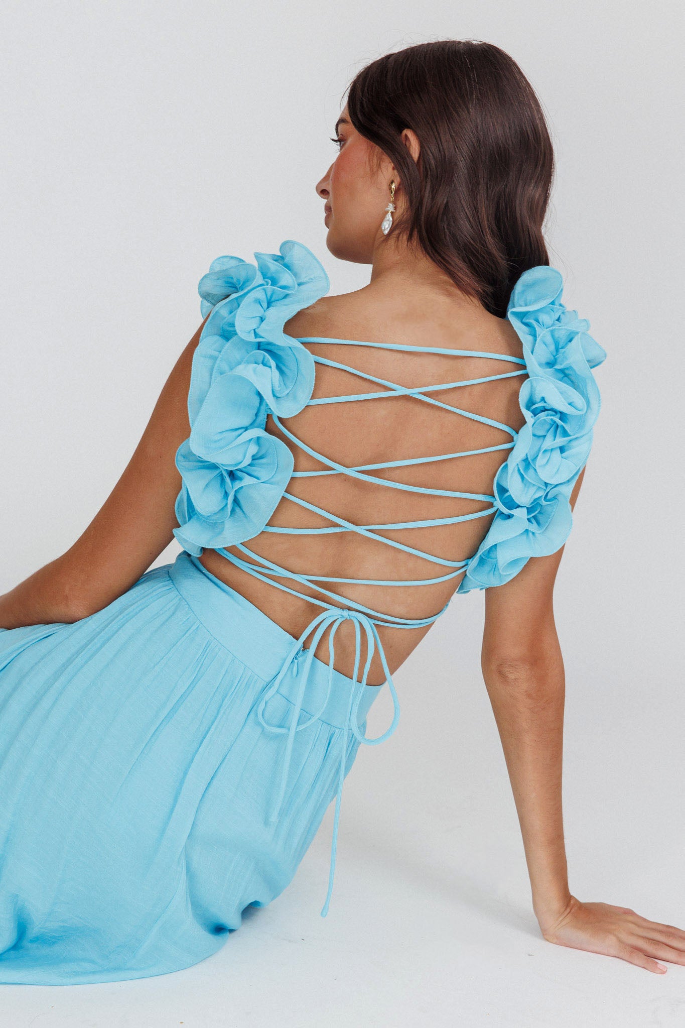 Madara Laced Back Ruffle Dress Blue-Maymioy